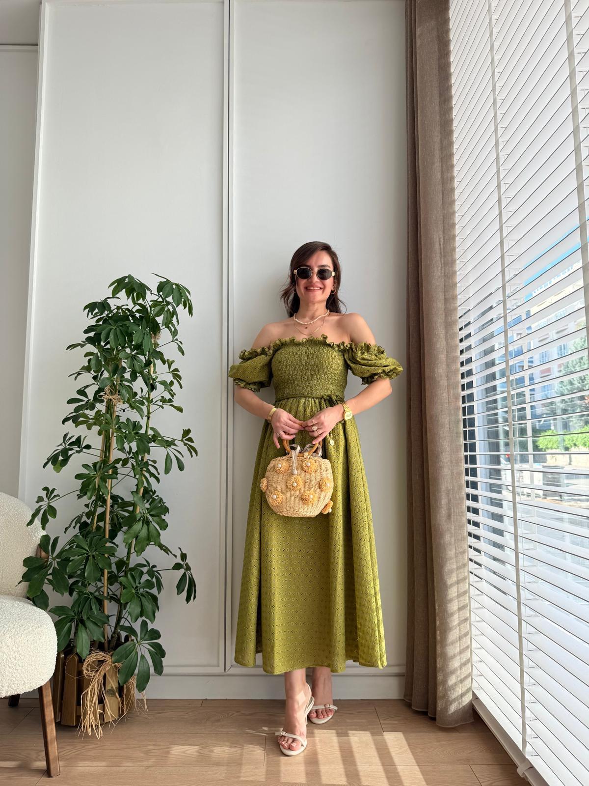 Yeşil Gipeli Brode Elbise 8866