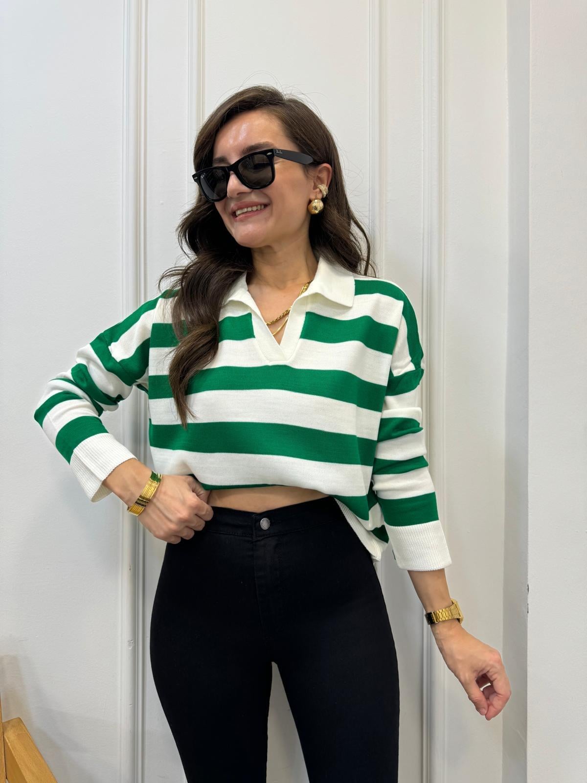 Yeşil İri Çizgili Polo Yaka Triko 3309