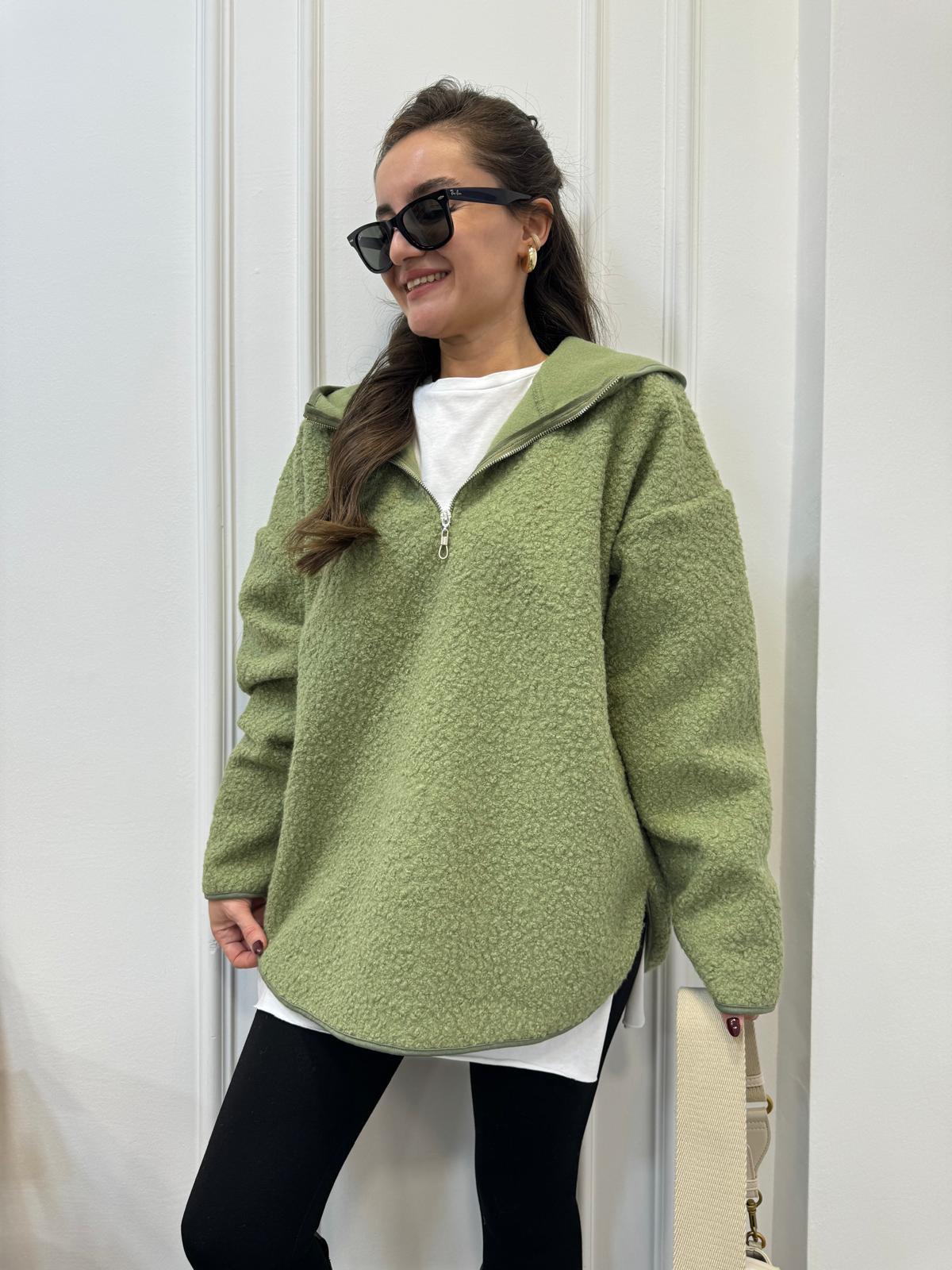 Yeşil Ön Fermuar Detaylı Kapüşonlu Teddy Sweatshırt 8046