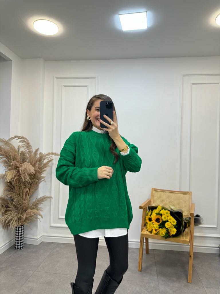 Yeşil Oversize Örme Kazak 3762