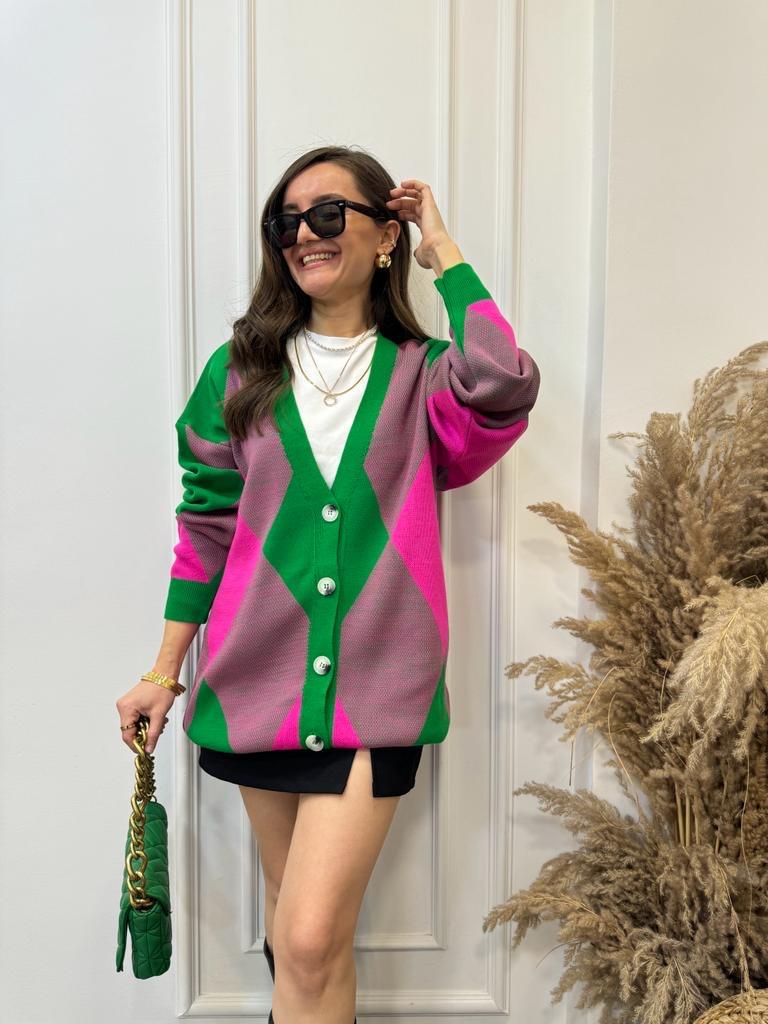 Yeşil Pembe Ekru Düğmeli Hırka 0302