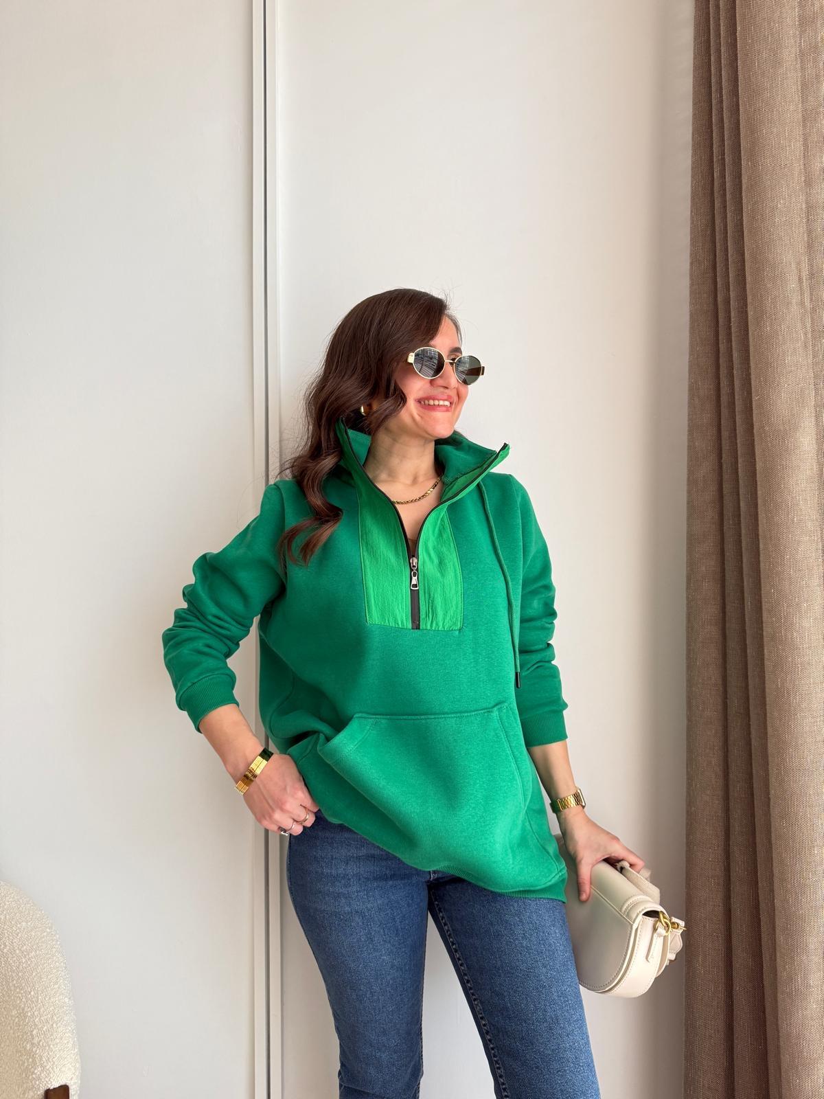 Yeşil Yarım Fermuarlı Kapüşonlu Sweatshırt 1054