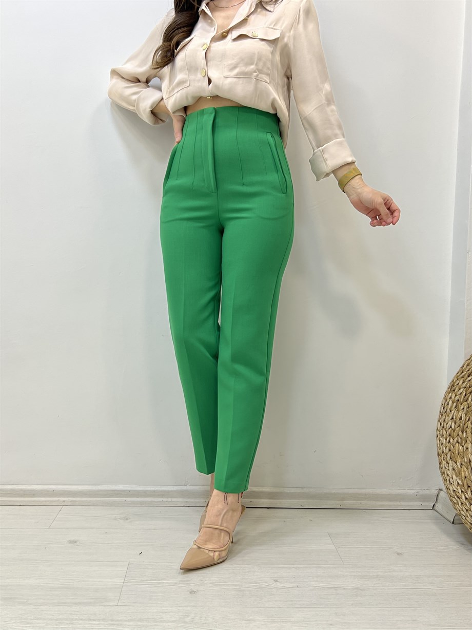 Yeşil Zara Yüksek Bel Pensli Kumaş Pantolon