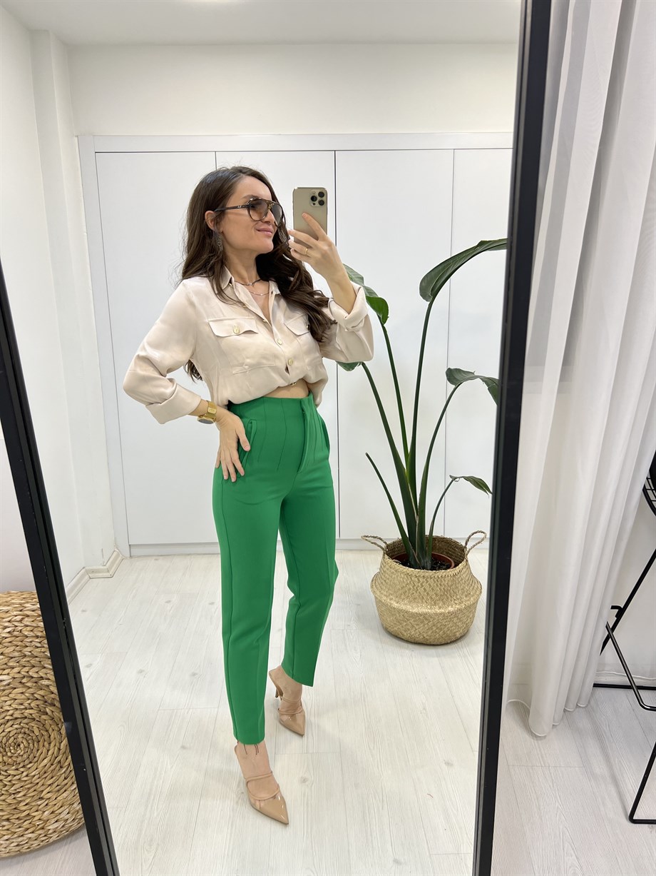 Yeşil Zara Yüksek Bel Pensli Kumaş Pantolon