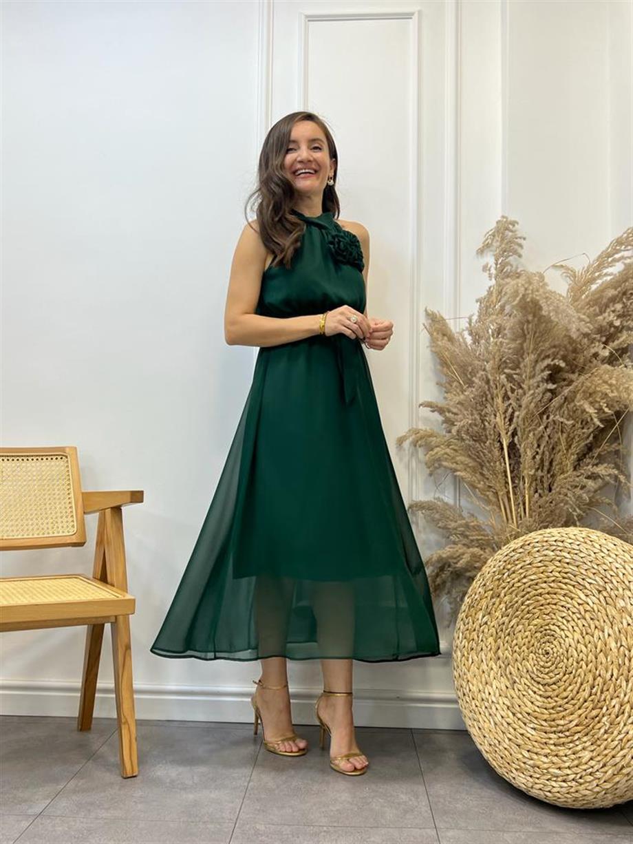 Zümrüt Lüx Kalite Çiçek Broş Detaylı Şifon Elbise 4001