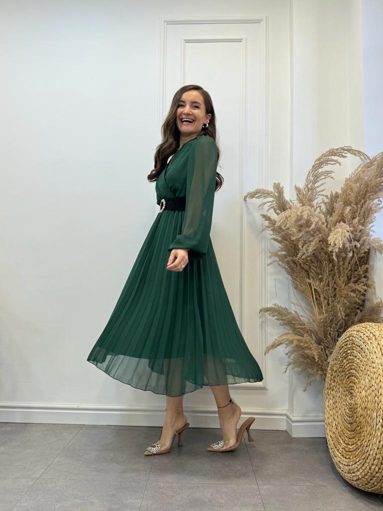 Zümrüt Yeşili Beli Lastikli Piliseli Kemerli Elbise 3314