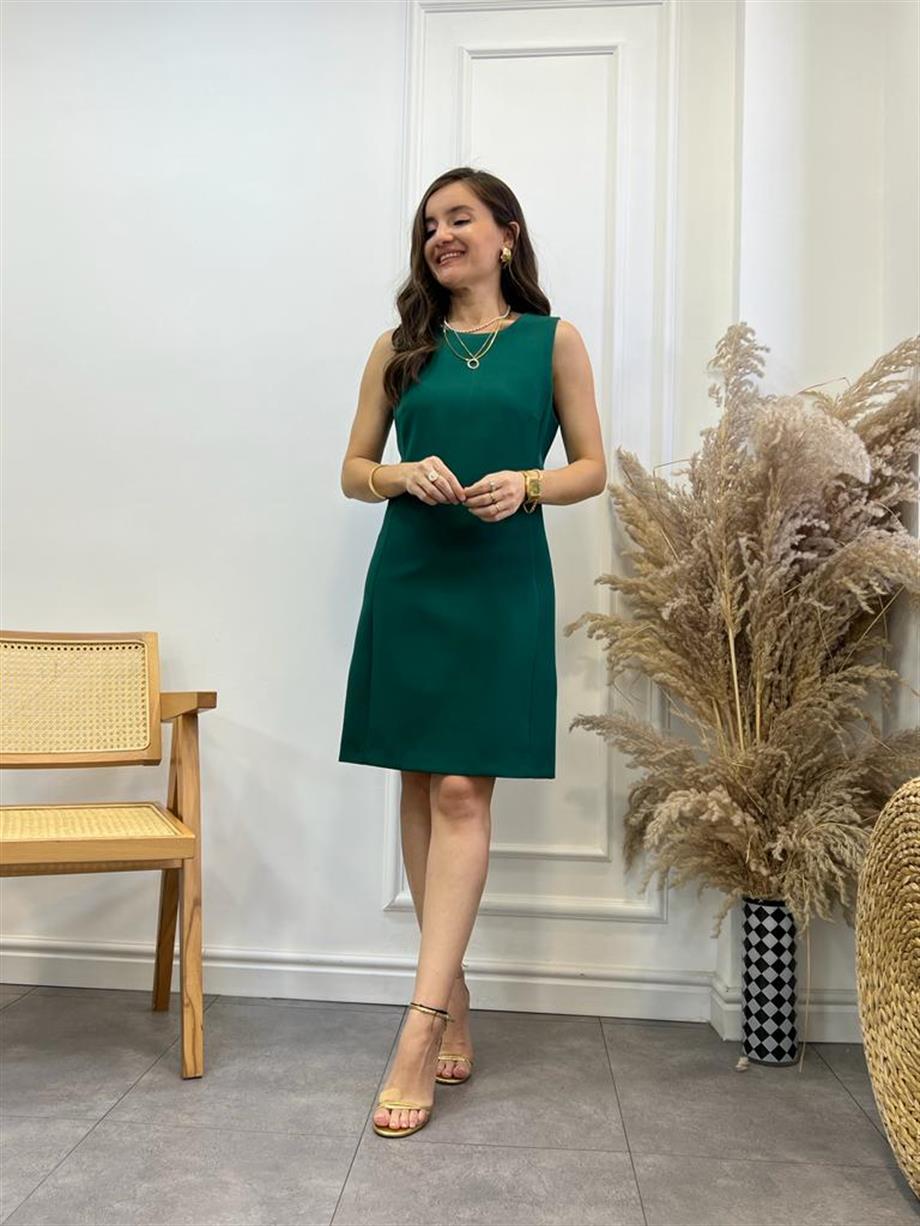 Zümrüt Yeşili Krep Kumaş Basic Kalem Elbise 5776