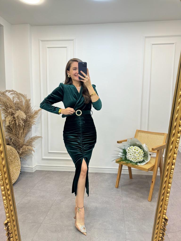 Zümrüt Yeşili Kruvaze Yaka Drapeli Kadife Elbise 3326