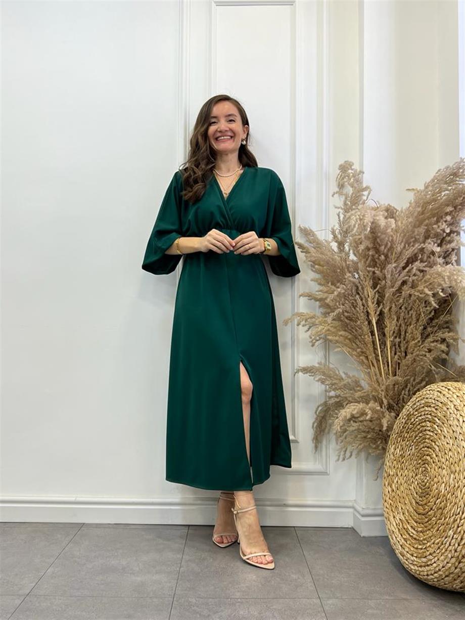 Zümrüt Yeşili Kruvaze Yaka Yırtmaçlı Elbise 3027