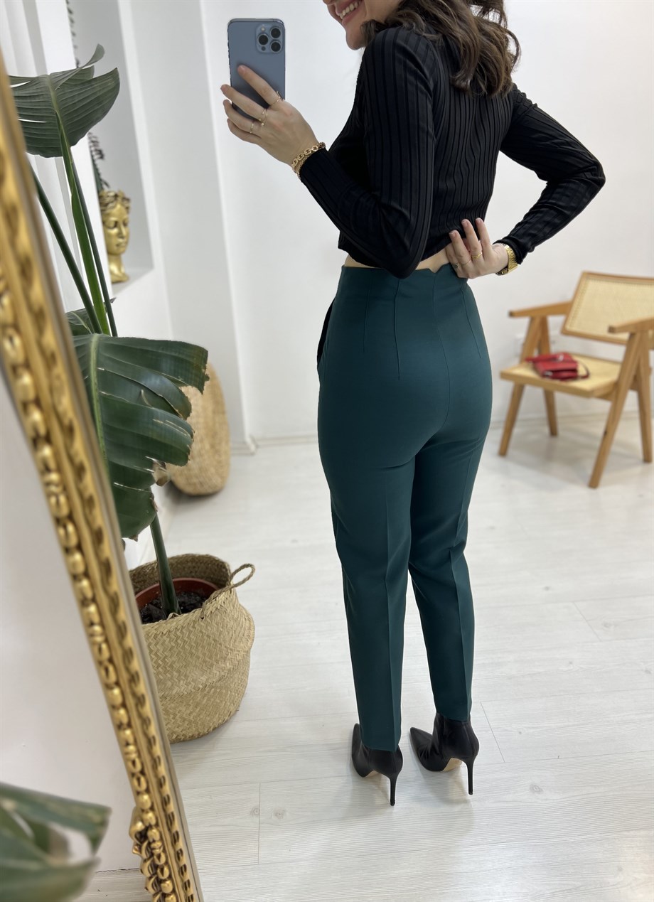 Zümrüt Yeşili Zara Yüksek Bel Pensli Kumaş Pantolon
