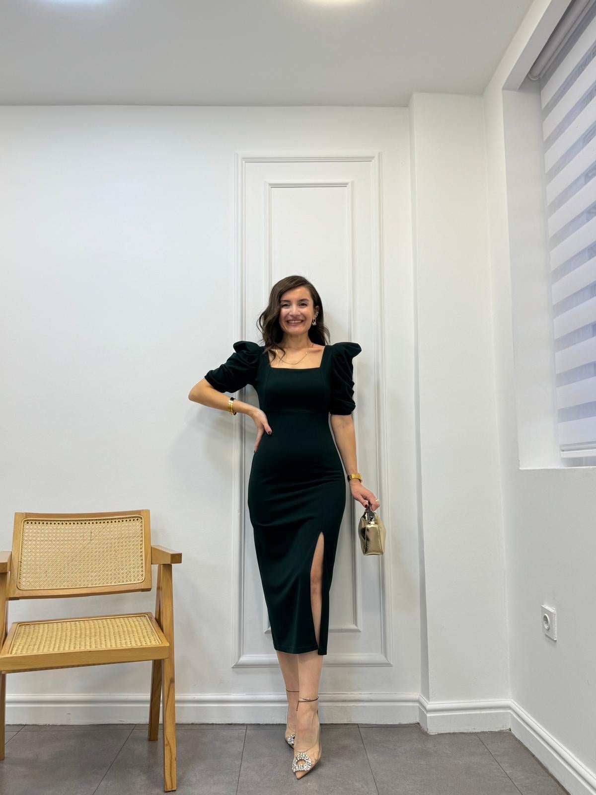 Zümrütyeşili Balon Kol Sırt Dekolteli Elbise 4401