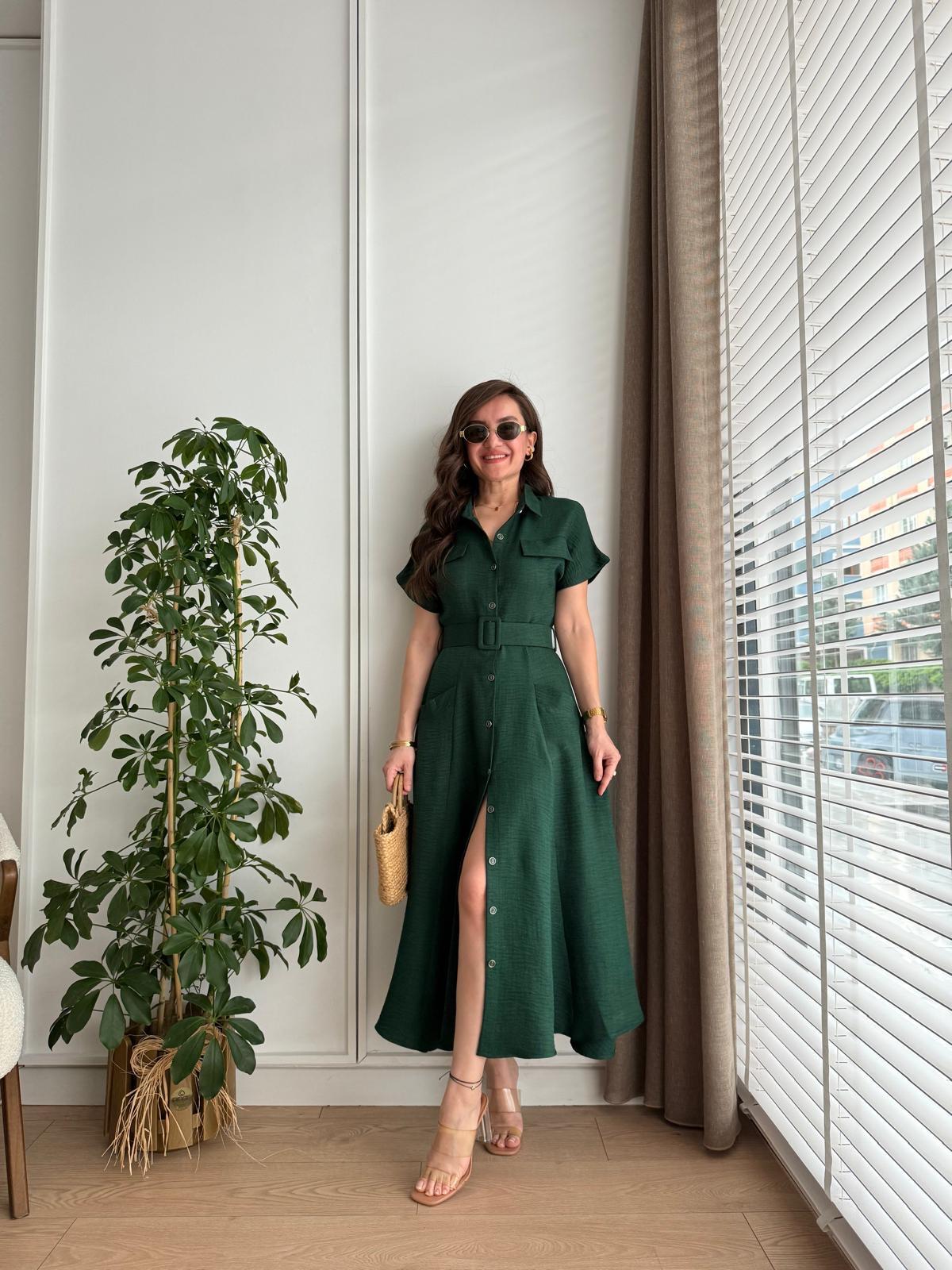 Zümrütyeşili Cepli Kemerli Midi boy Gömlek Elbise 5153