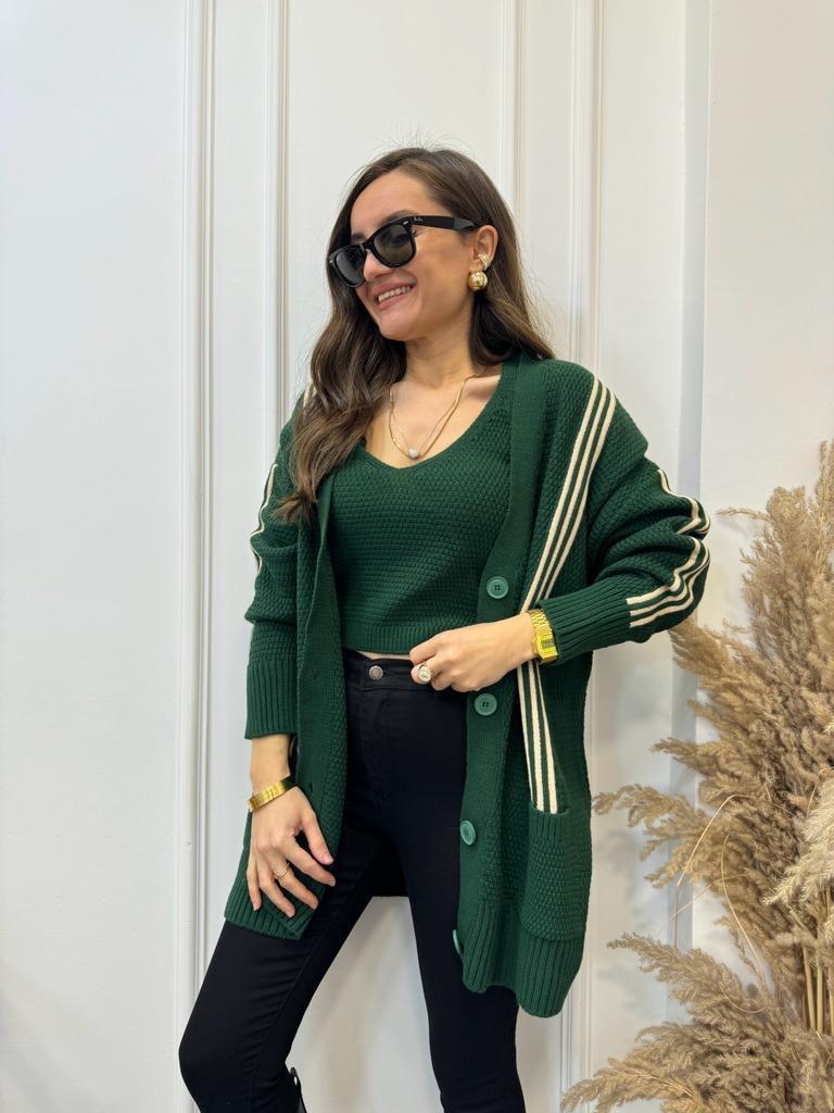Zümrütyeşili Çizgili Crop Hırka Takım 0023