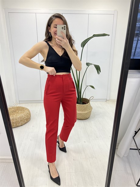 Kırmızı Zara Yüksek Bel Pensli Kumaş Pantolon