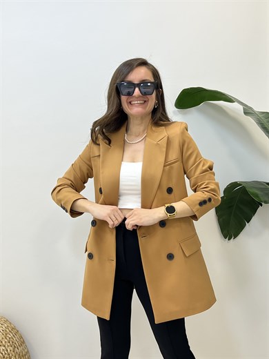 Camel Kruvaze Siyah Düğmeli Astarlı Blazer Ceket 3112