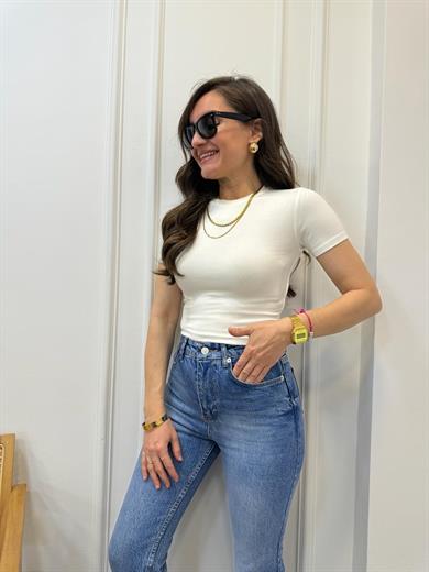 トップス saya Ekru Bisiklet Yaka Özel Dokulu Crop Tişört 16137 - Şenay'ın Butiği