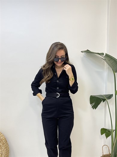 Siyah Düğmeli Gabardin Tulum 24490