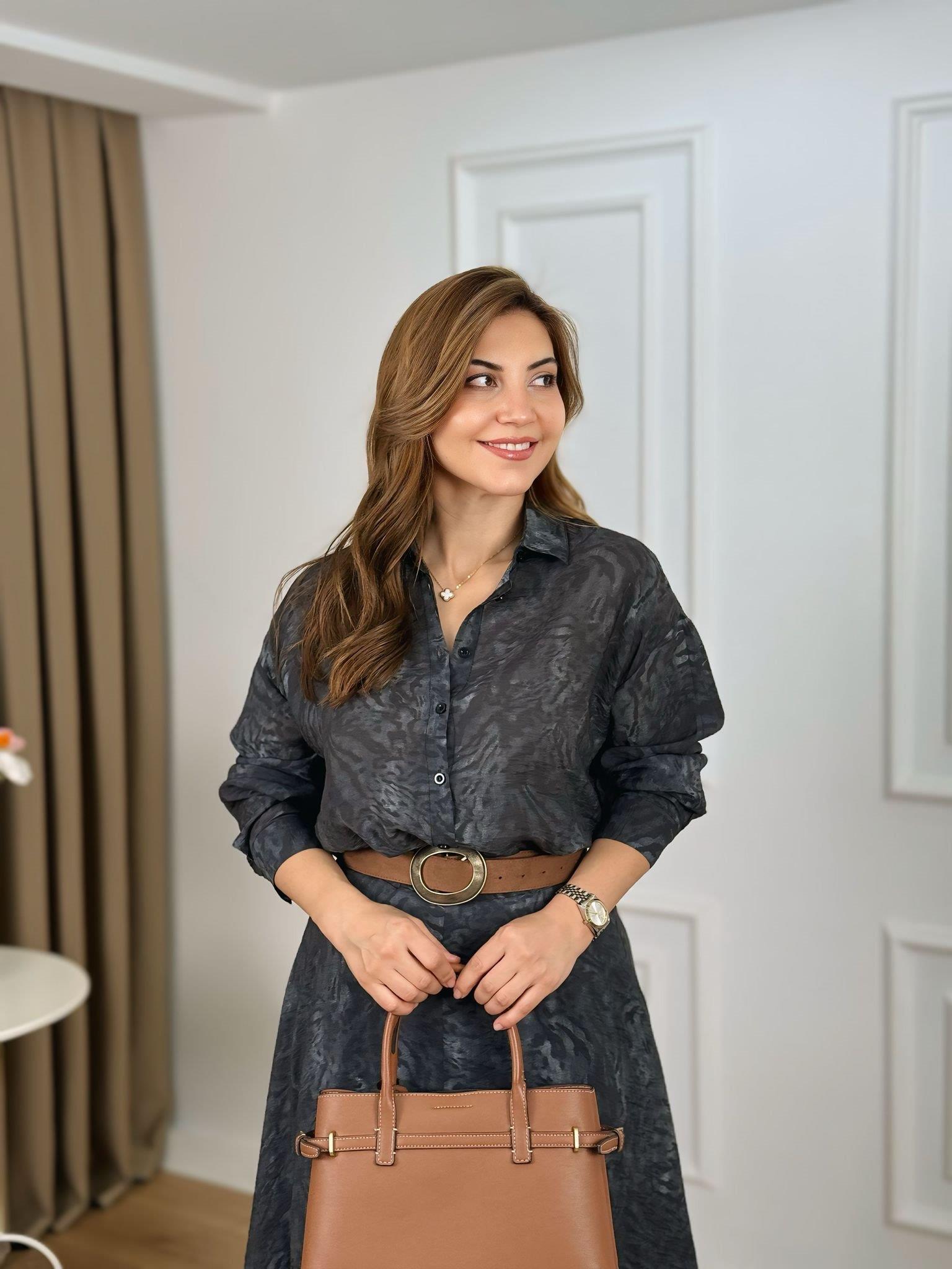 Antrasit Batik Desenli Organik kumaş Astarlı Gömlek Etek Takım 5018