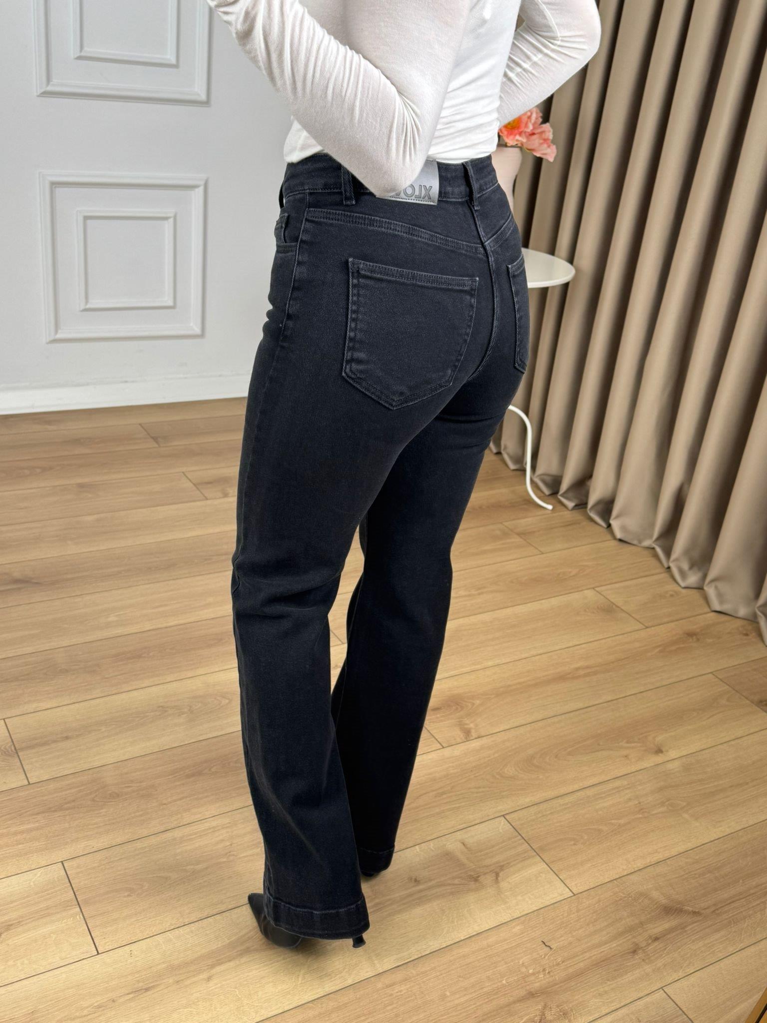 Antrasit Yüksek Bel Düğme Detaylı Fermuarlı Likralı Denim Kumaş Boru Paça Kot Pantolon 7170