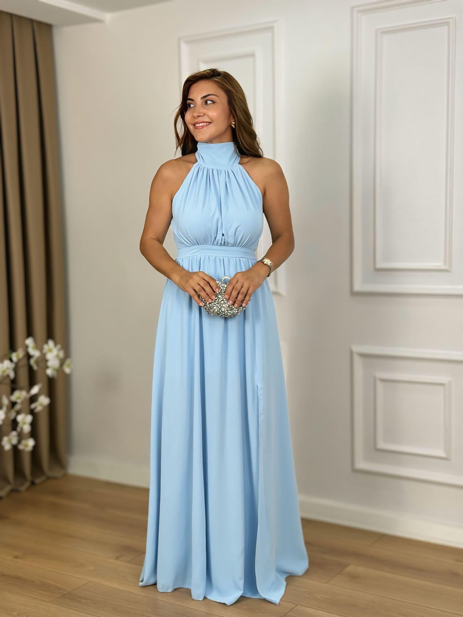 Bebe Mavi Halter Yaka Arkası Fermuarlı Yırtmaçlı Saten Elbise 3880