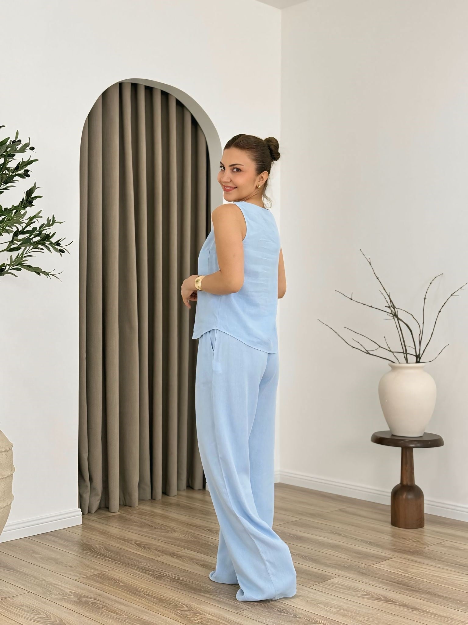 Bebe Mavi Tek Cep Sıfır Kol Keten Kumaş Bluz Pantolon Takım 0466