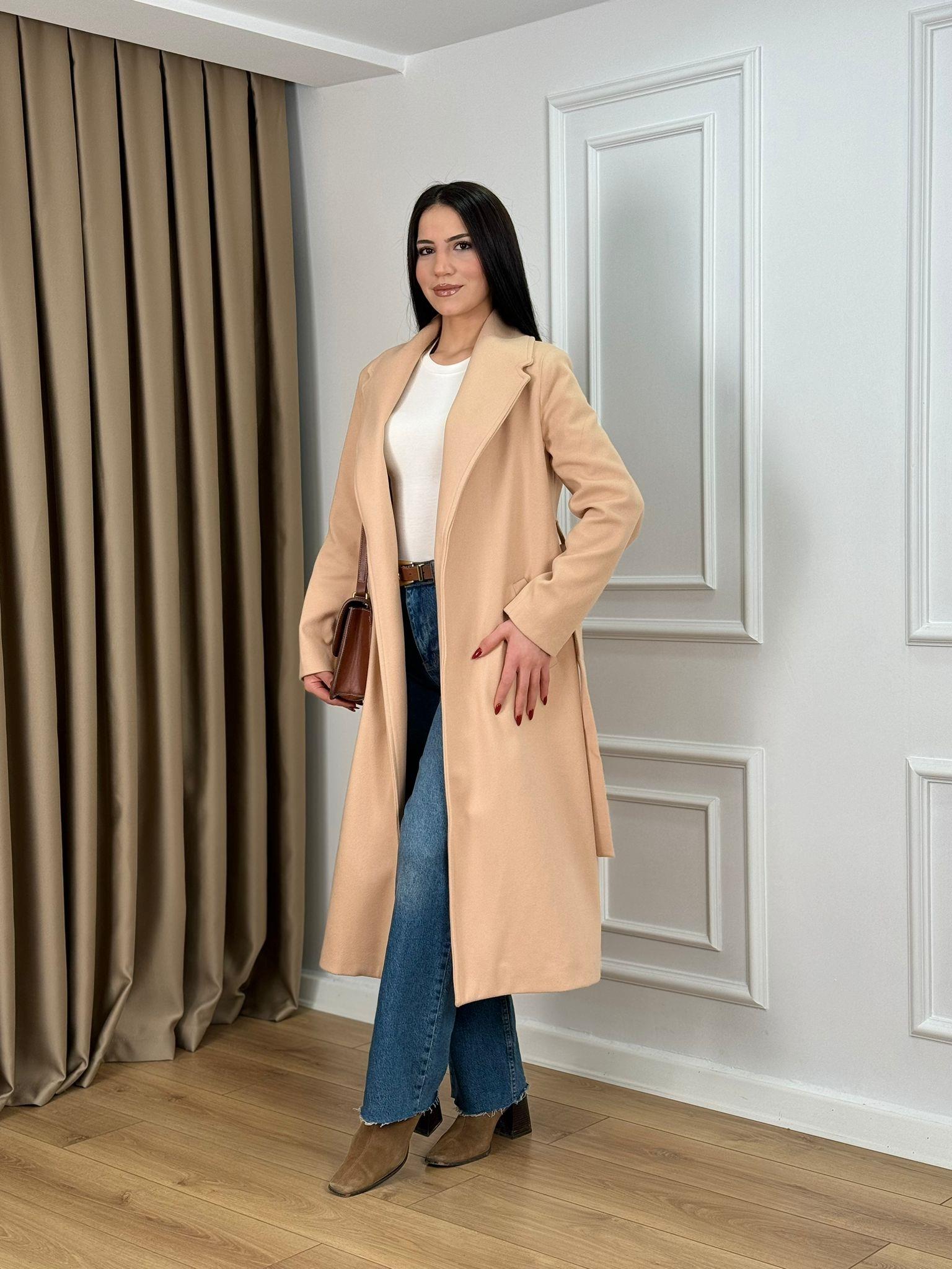 Bej Astarlı Kuşaklı Lüks Kalite Kaşe Kaban 9350