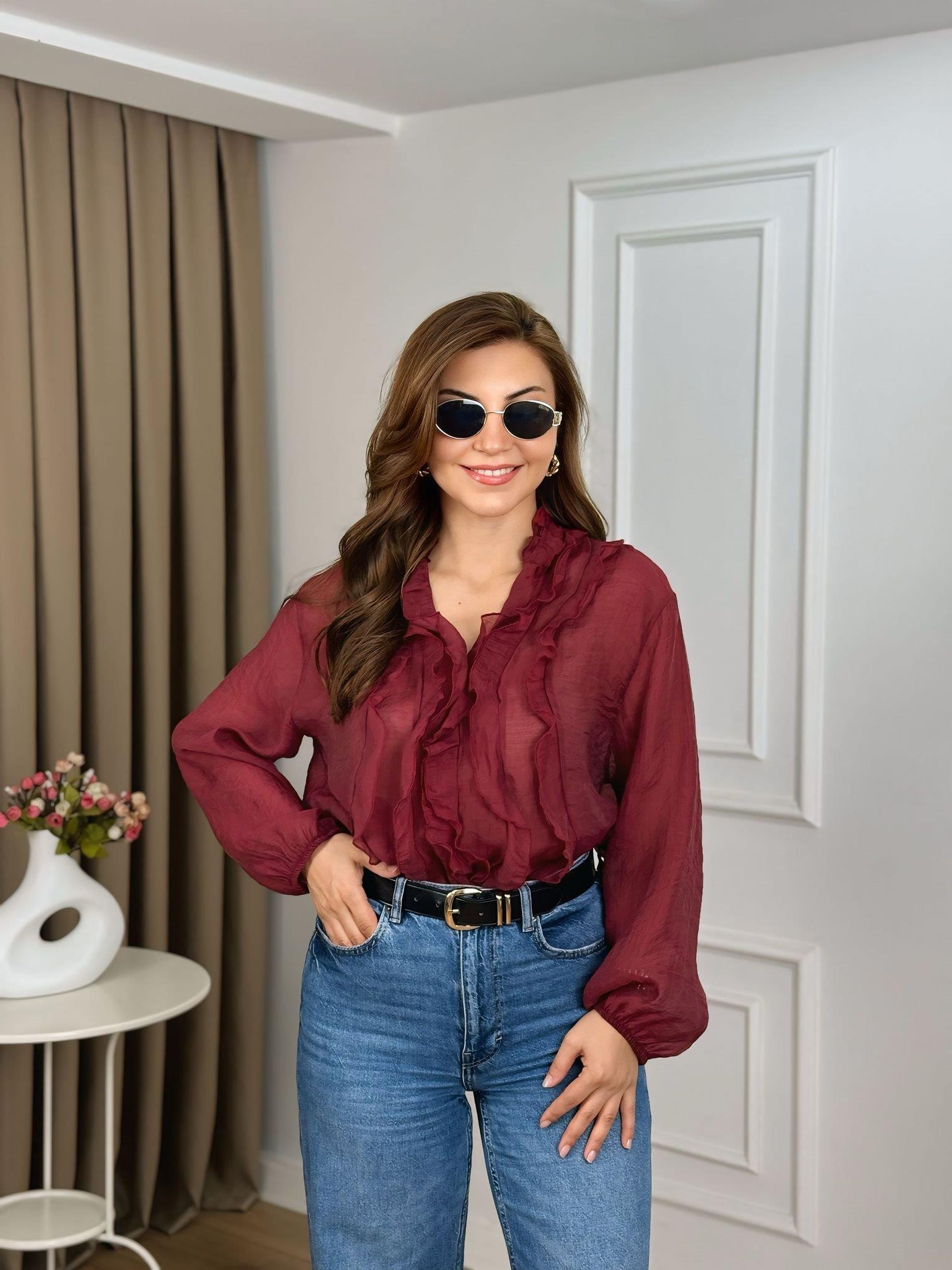 Bordo Bisiklet Yaka Organik Kumaş Fırfırlı Bluz 5023