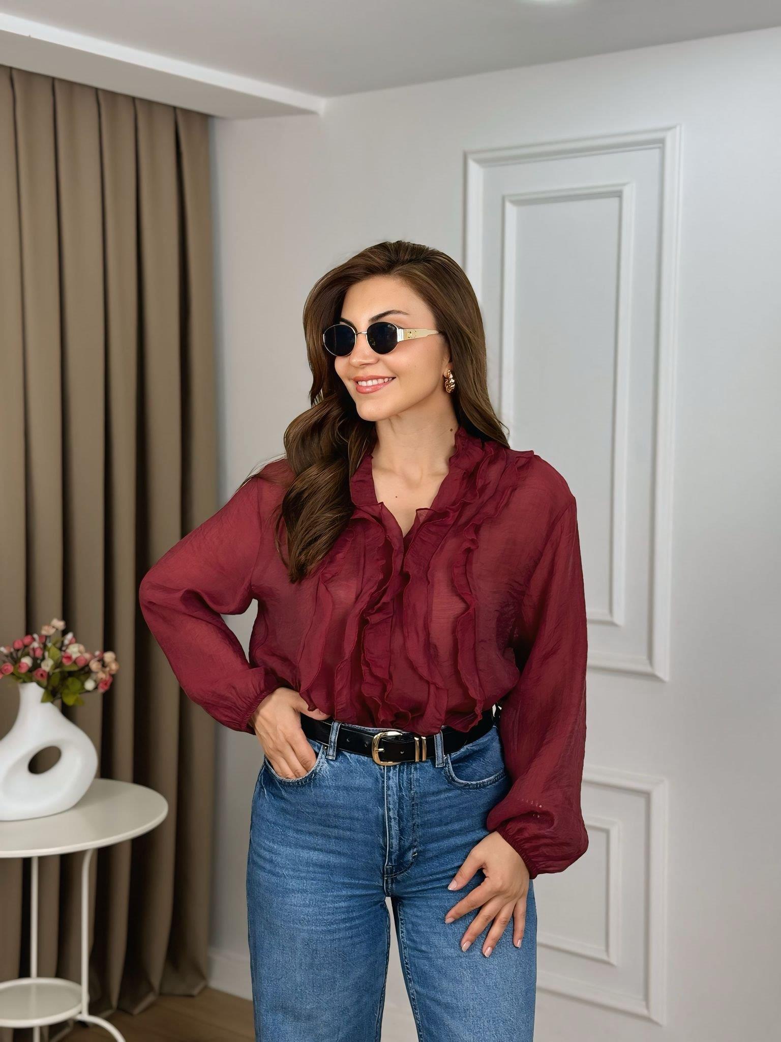 Bordo Bisiklet Yaka Organik Kumaş Fırfırlı Bluz 5023