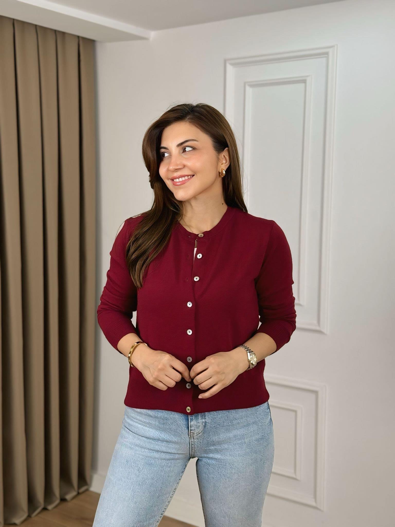 Bordo Bisiklet Yaka Sedef Düğmeli Uzun Kollu Triko 25413