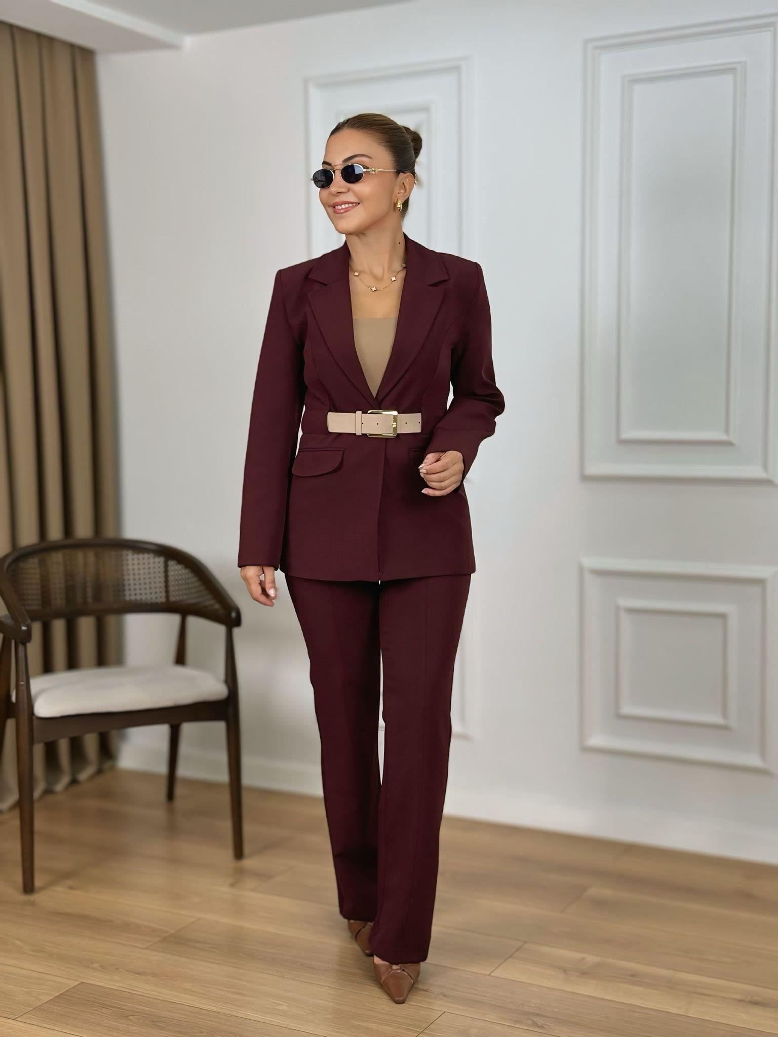 Bordo Kemerli Astarlı Premium Kalite Atlas Kumaş Ceket Pantolon Takım 9257