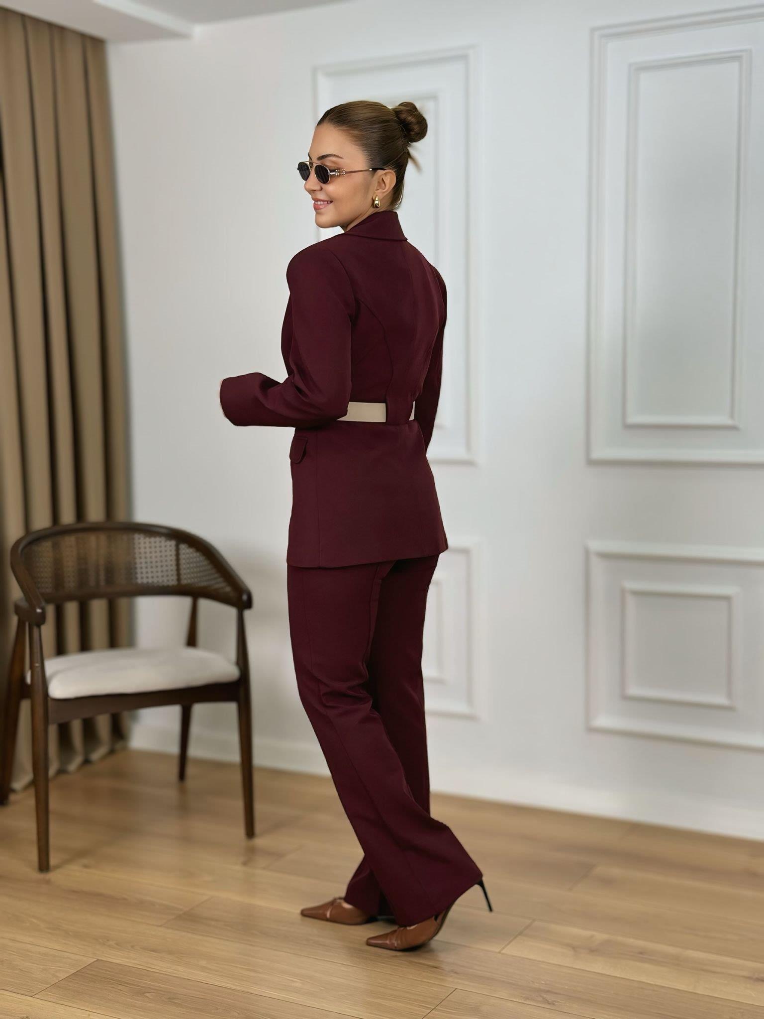 Bordo Kemerli Astarlı Premium Kalite Atlas Kumaş Ceket Pantolon Takım 9257