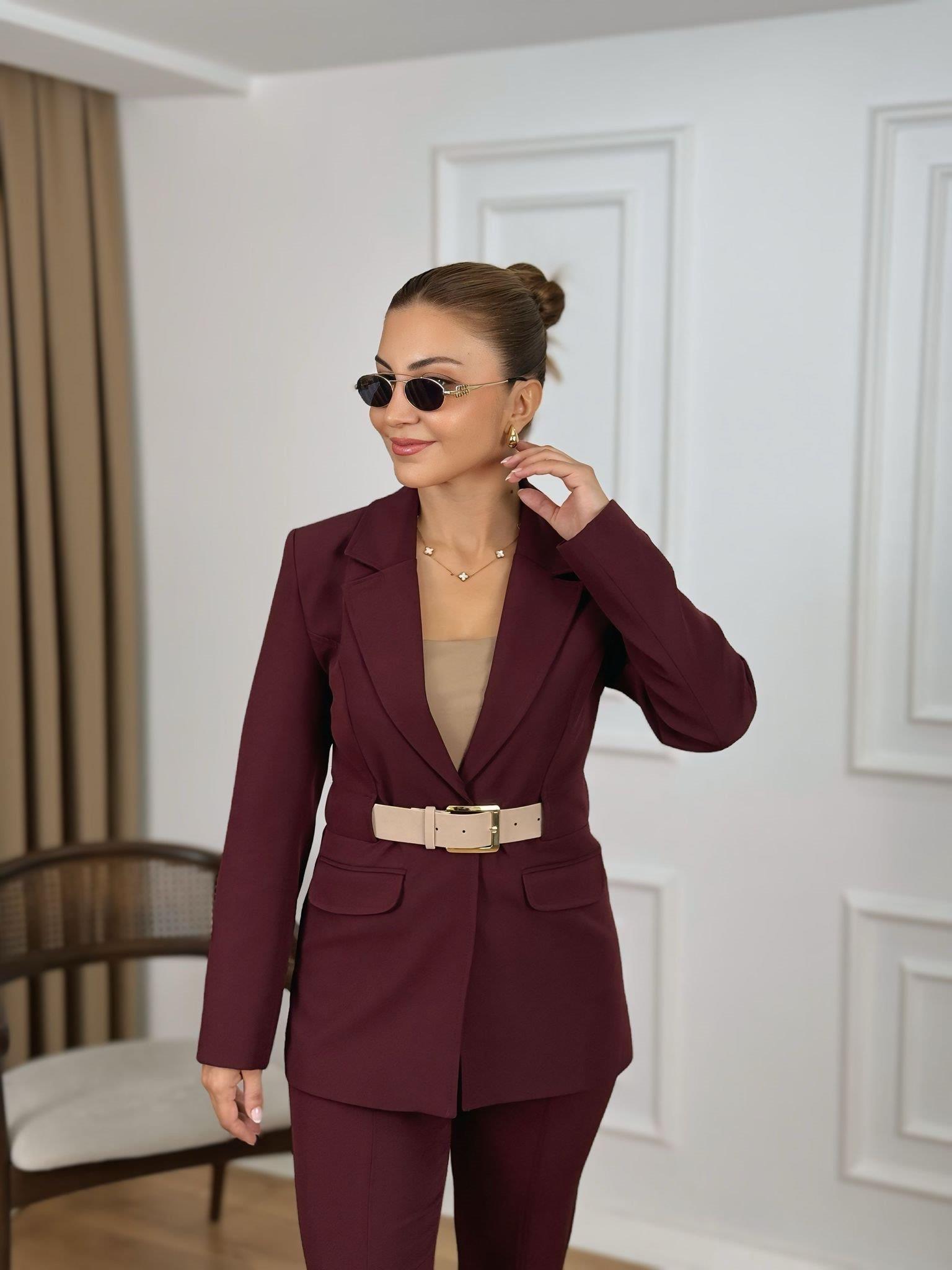 Bordo Kemerli Astarlı Premium Kalite Atlas Kumaş Ceket Pantolon Takım 9257