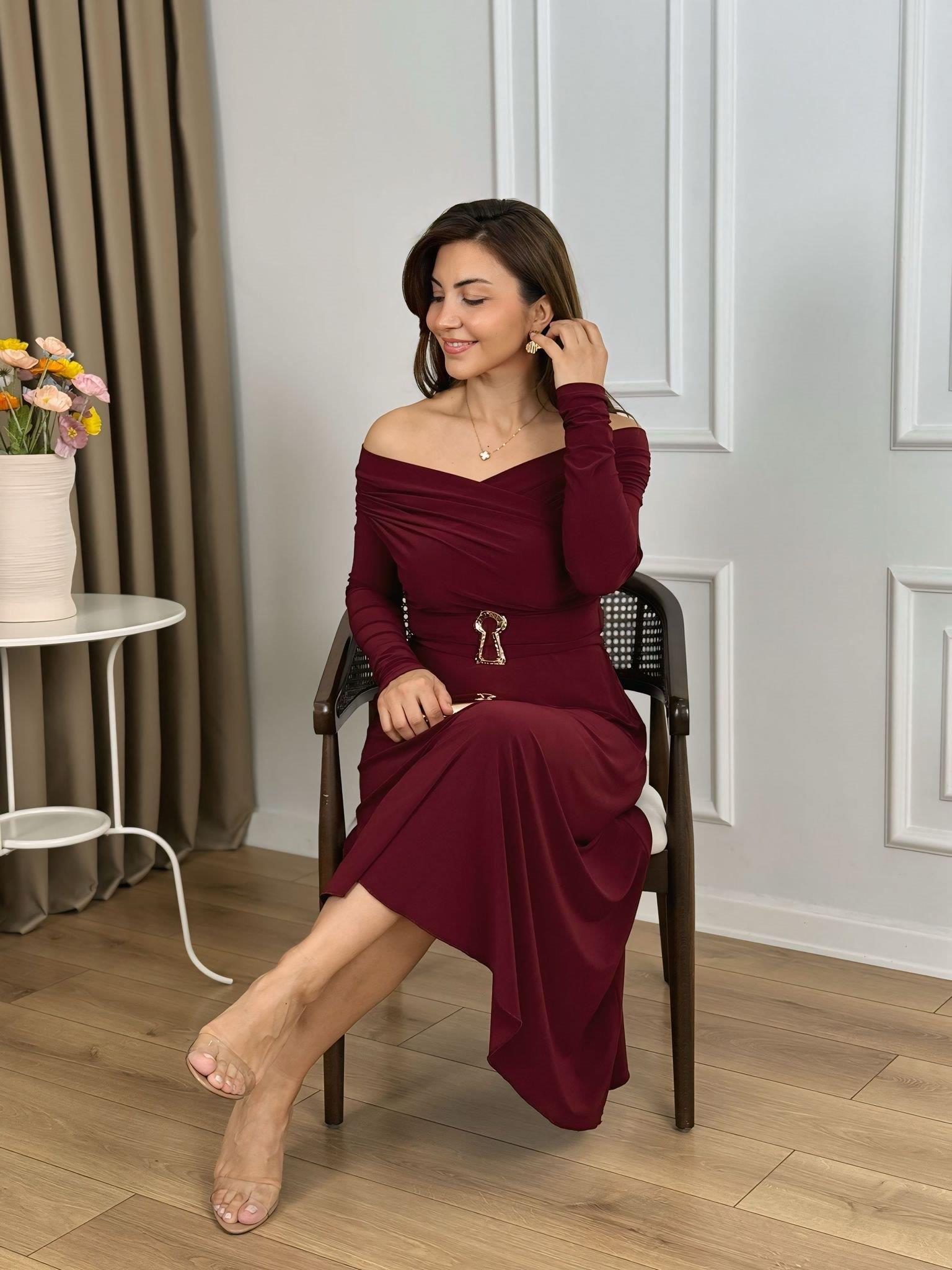 Bordo Kruvaze Yaka Drapeli Asimetrik Kesim Sandy Kumaş Elbise 265123