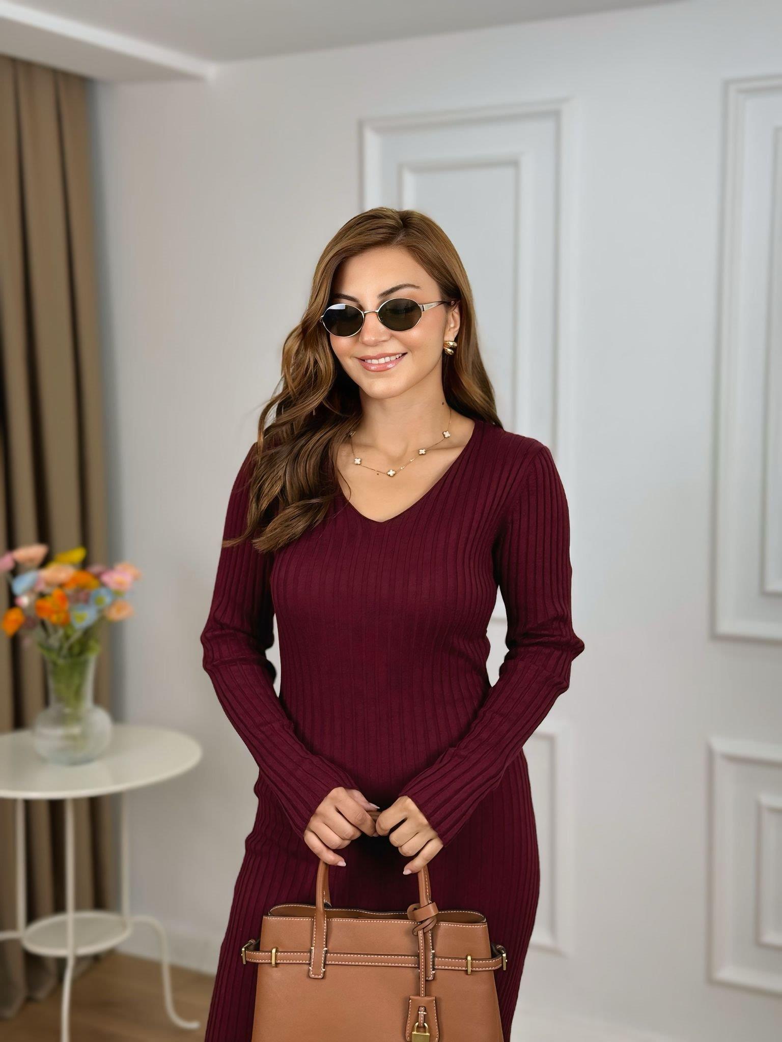 Bordo V Yaka Fitilli Kemerli Triko Elbise 7398