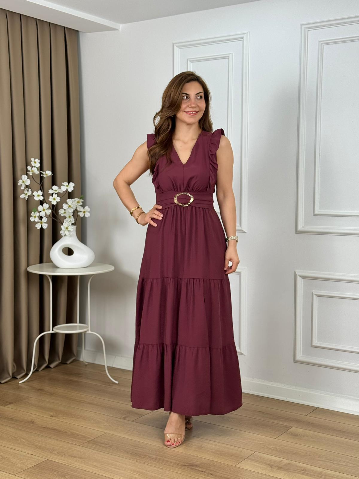 Bordo V Yaka Gold Tokalı Yırtmaçlı Elbise 265124
