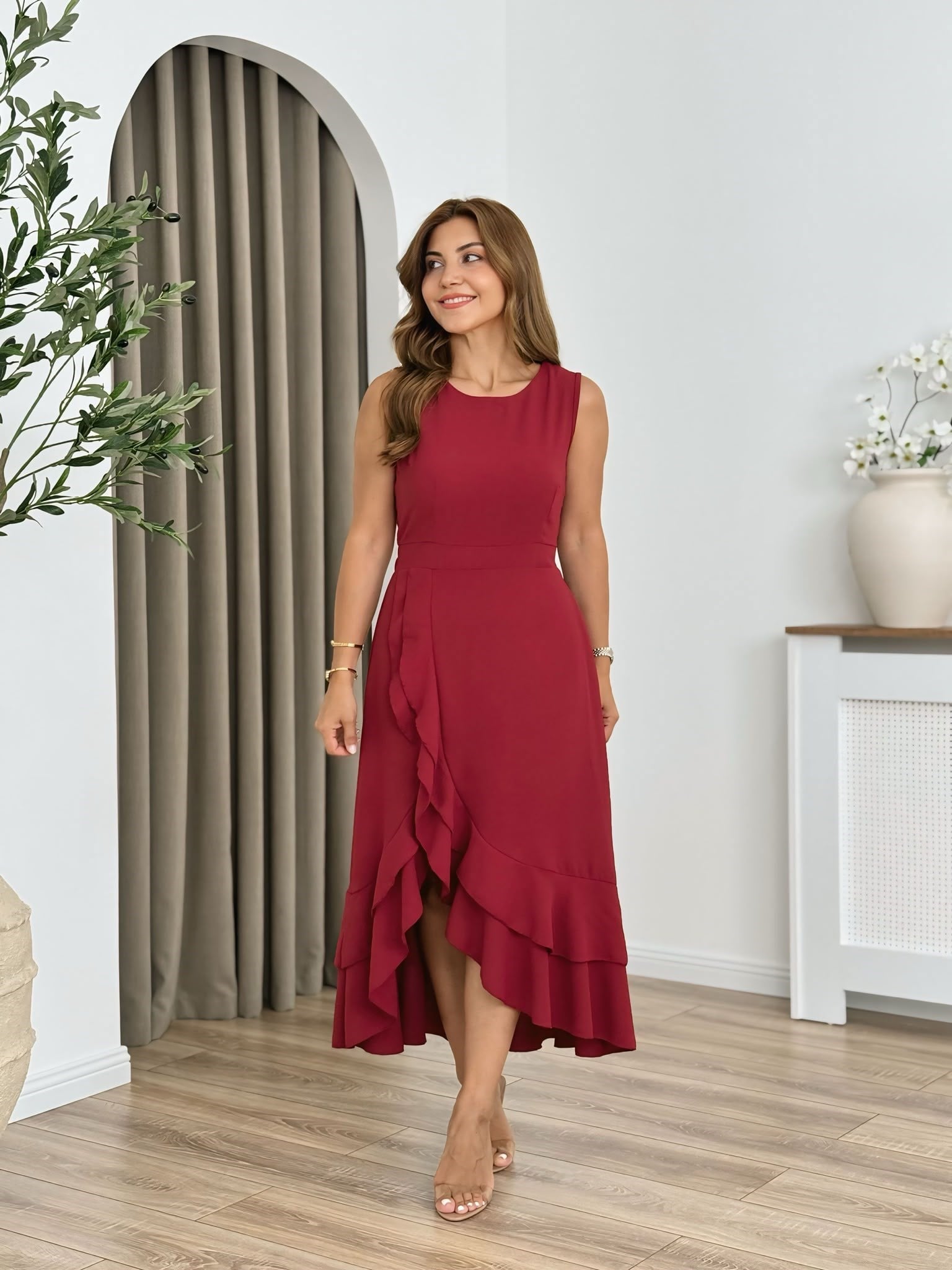Bordo Volan Detaylı Krep Kumaş Elbise 262800