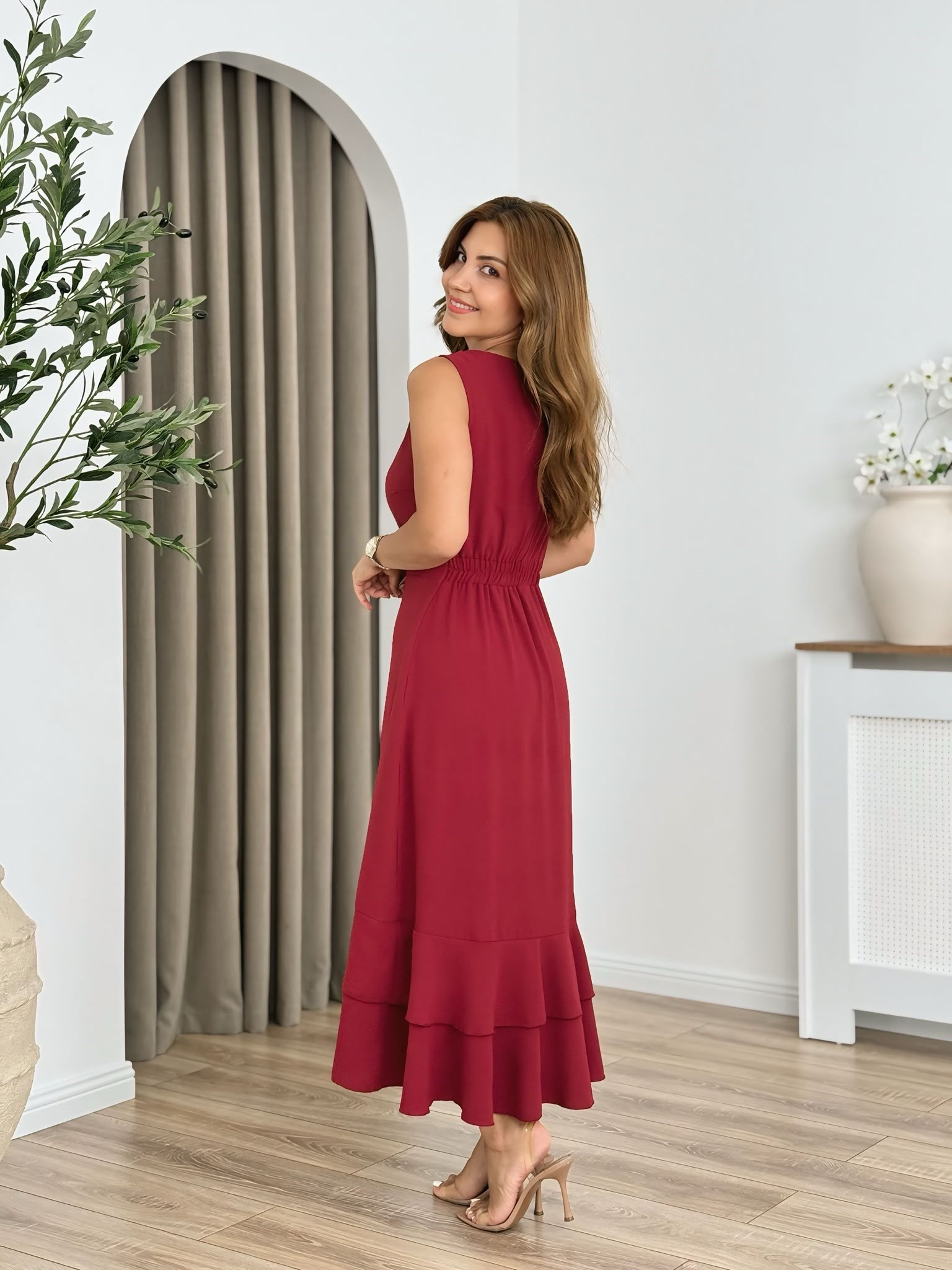 Bordo Volan Detaylı Krep Kumaş Elbise 262800