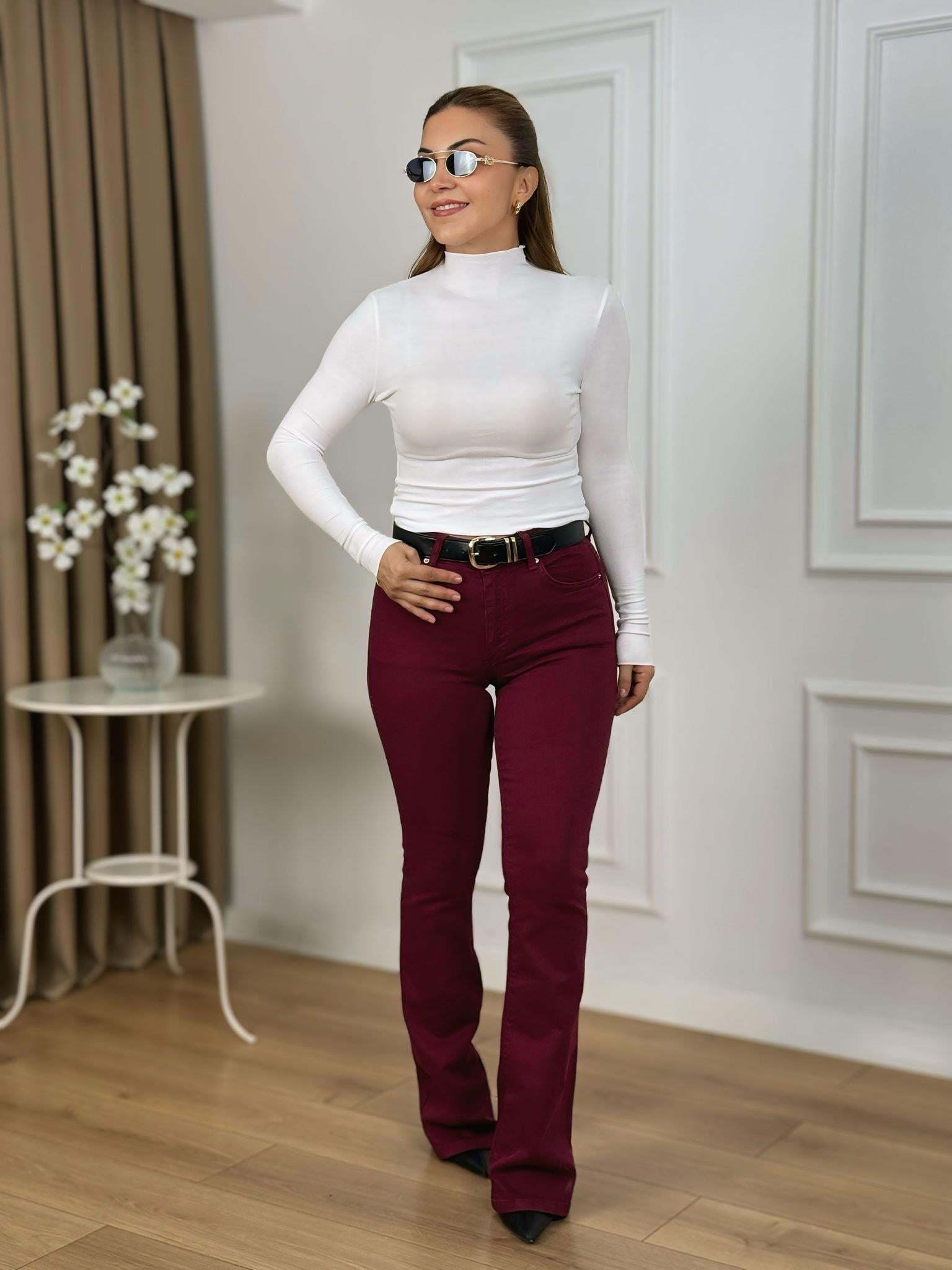 Bordo Yüksek Bel Likralı İspanyol Paça Jean 867
