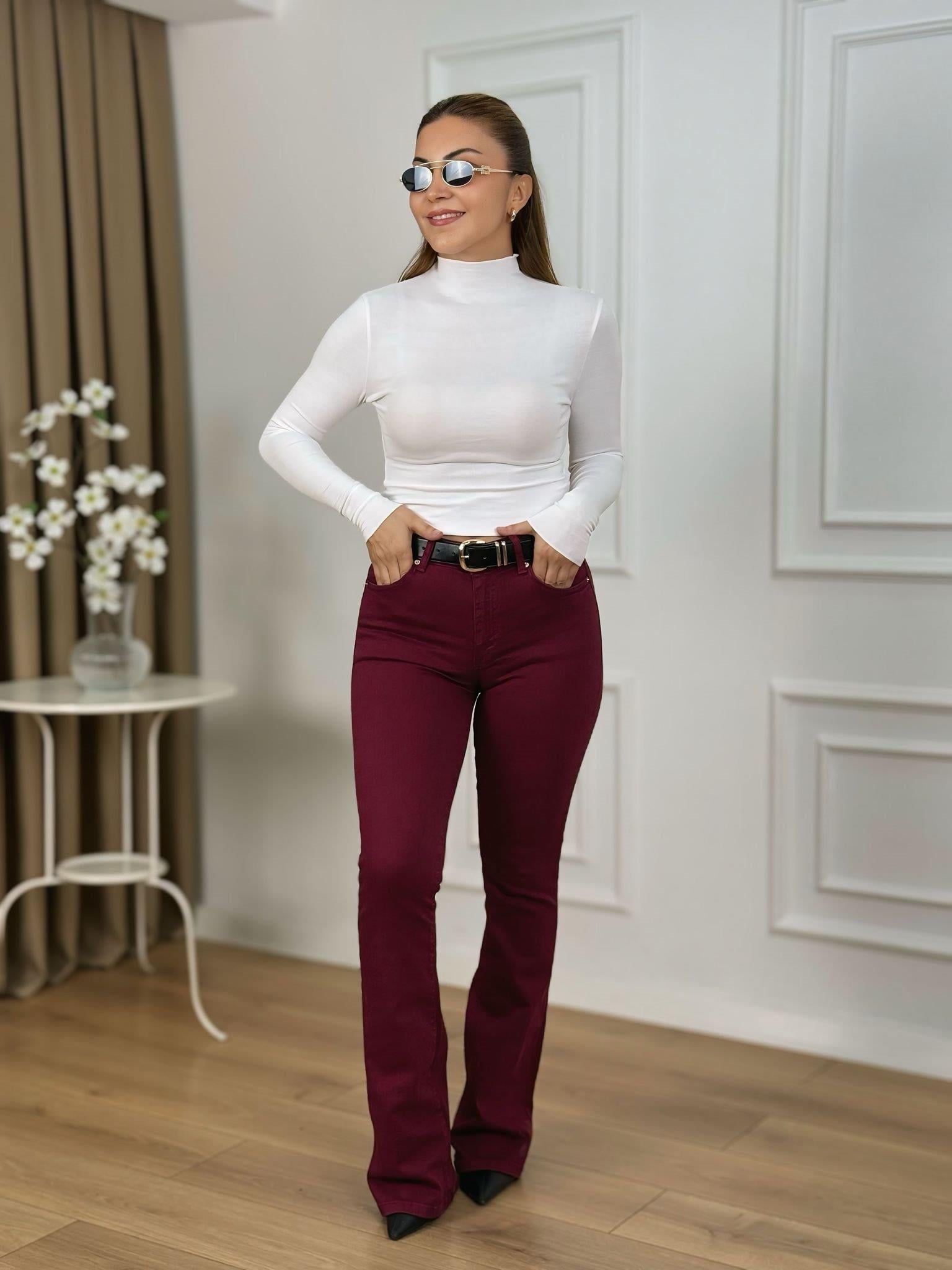 Bordo Yüksek Bel Likralı İspanyol Paça Jean 867