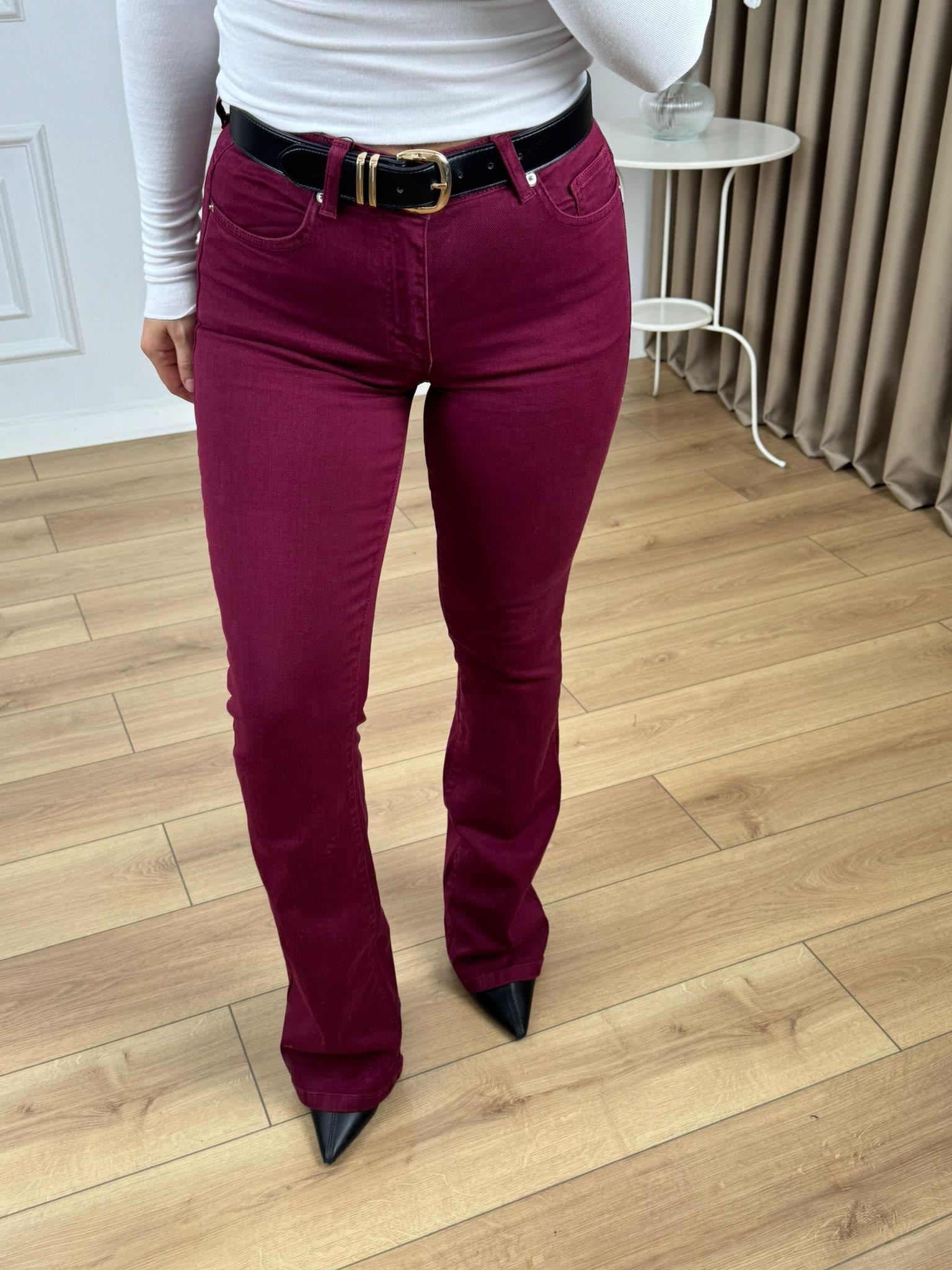 Bordo Yüksek Bel Likralı İspanyol Paça Jean 867