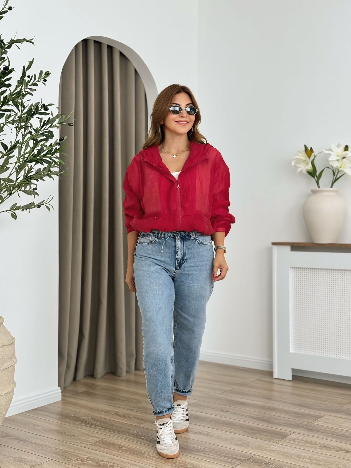 Buz Mavi Yüksek Bel Beli İp Detaylı Mom Kot Pantolon 7057
