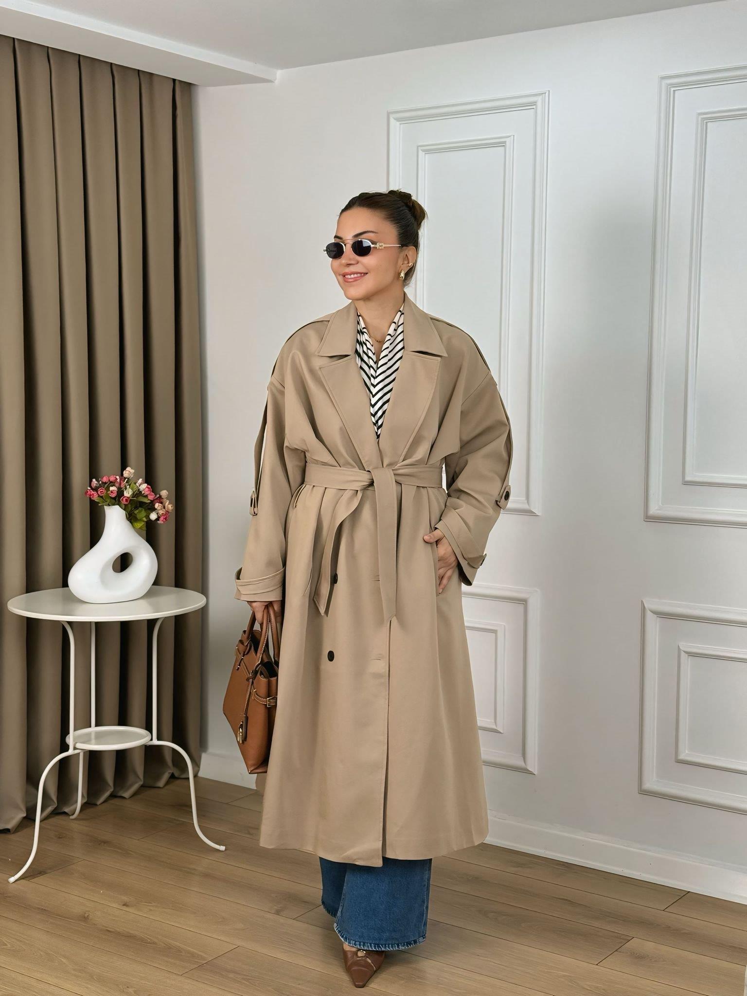 Camel Kuşaklı Astarlı Lüks Kalite Poliviskon Trenchcoat 9477