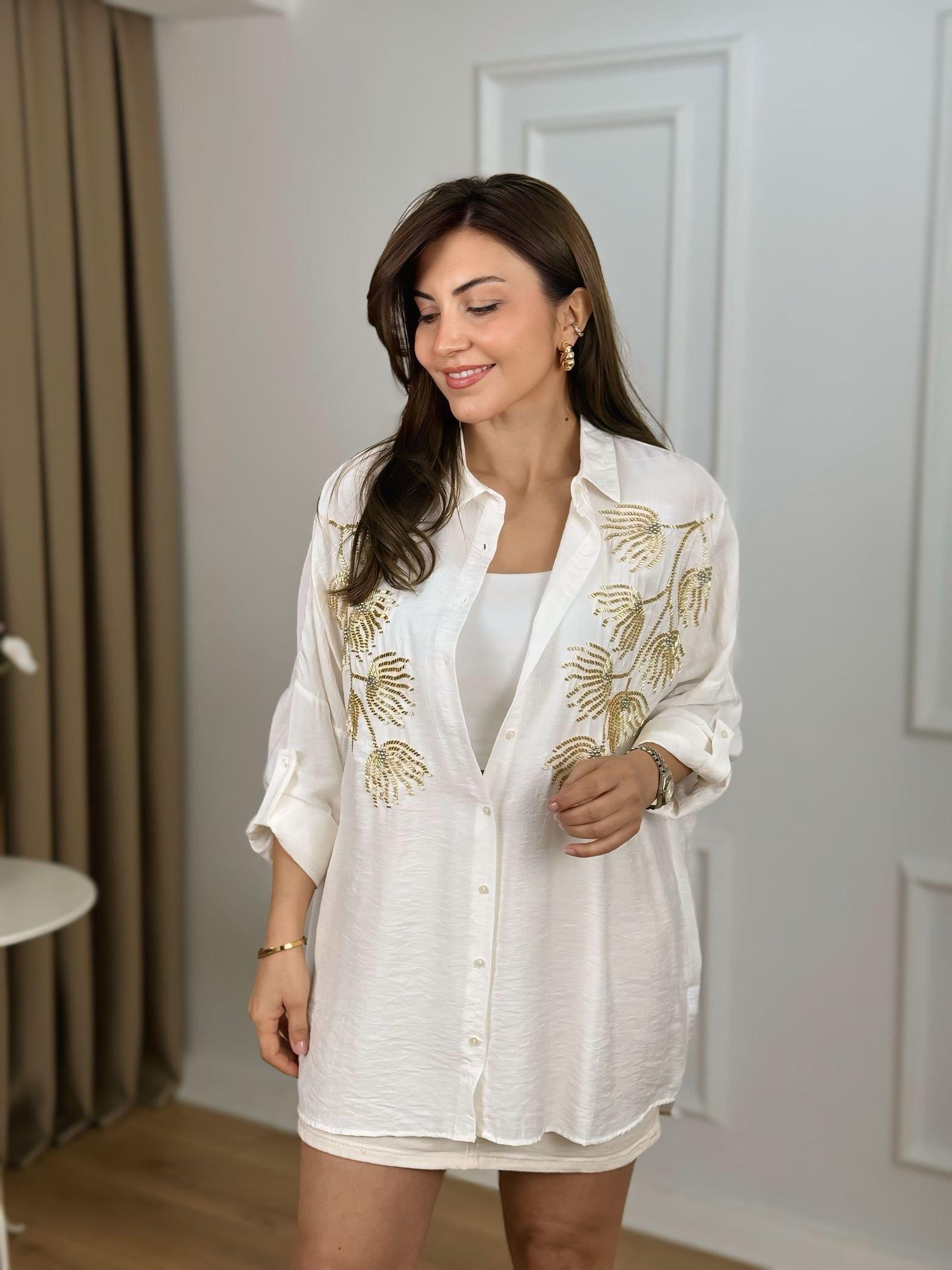 Ekru Lale Nakışlı Gömlek 10442