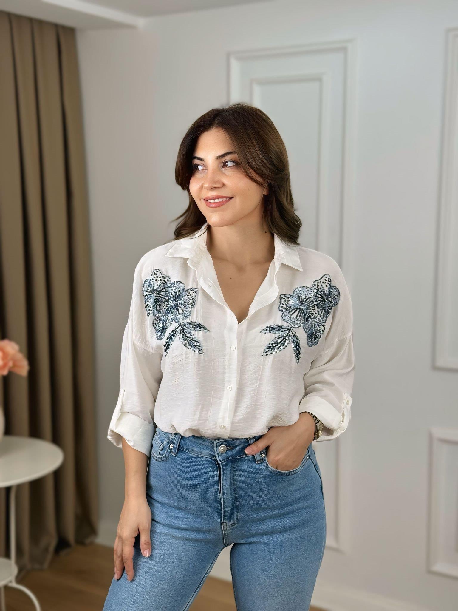 Ekru Üçlü Çiçek Desenli Gömlek 10365