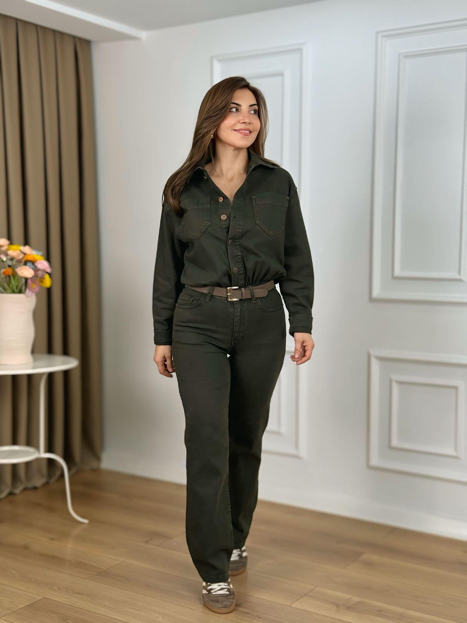 Haki Beli Büzgülü Düğmeli Kot Tulum 3037