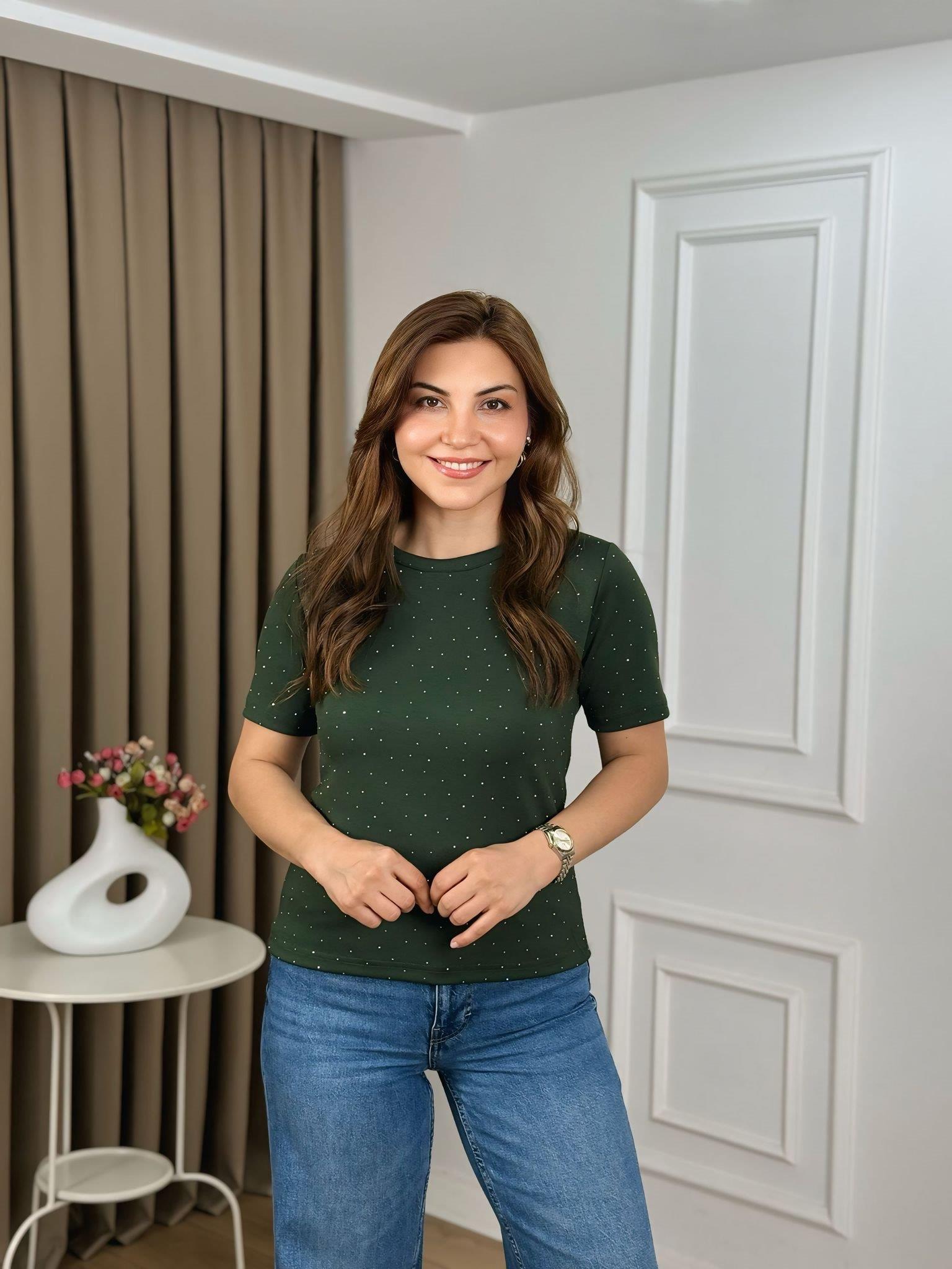 Haki Bisiklet Yaka Taşlı Modal Kumaş Tshirt 26151