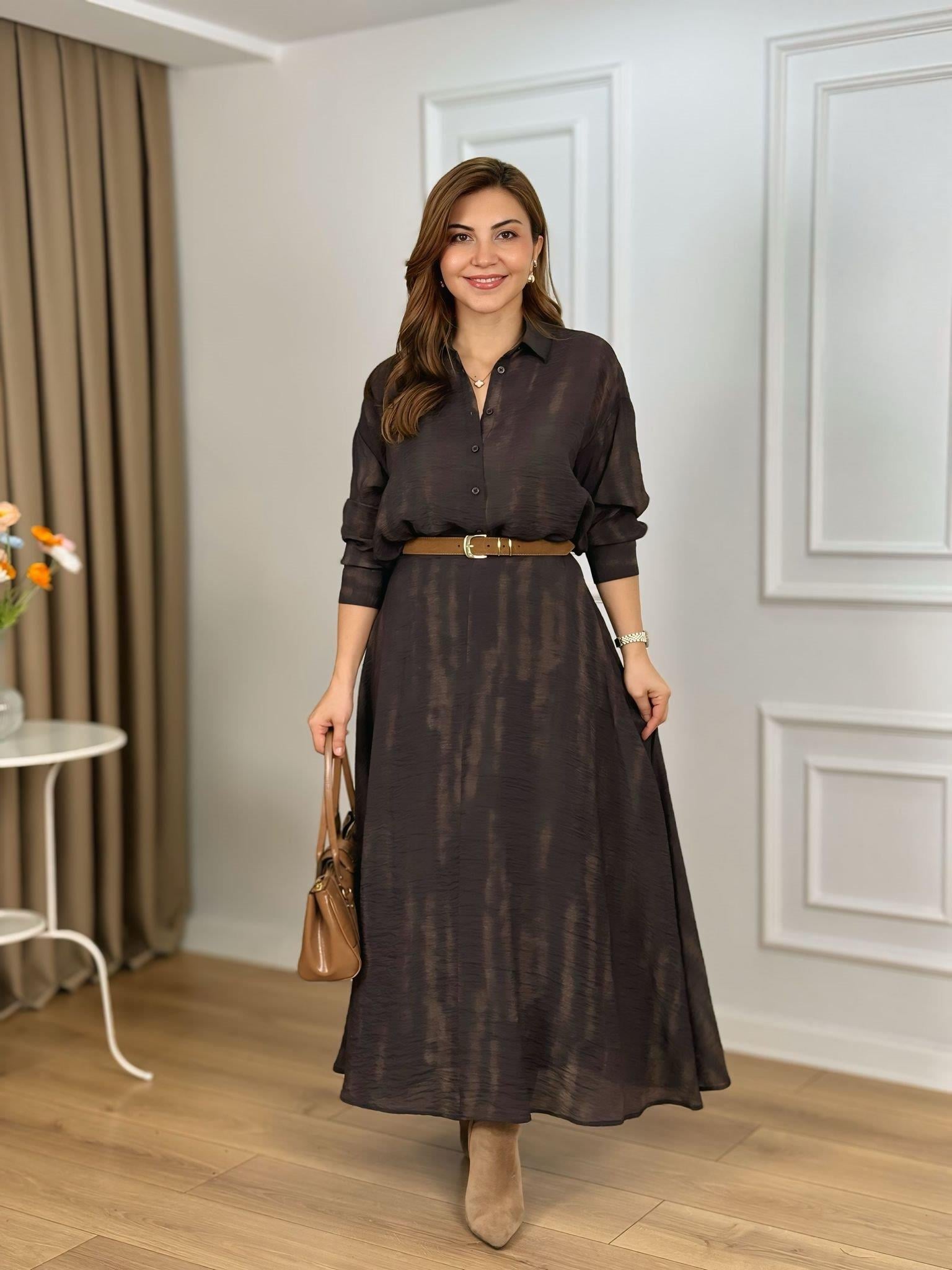 Kahve Batik Desenli Organik kumaş Astarlı Gömlek Etek Takım 5018