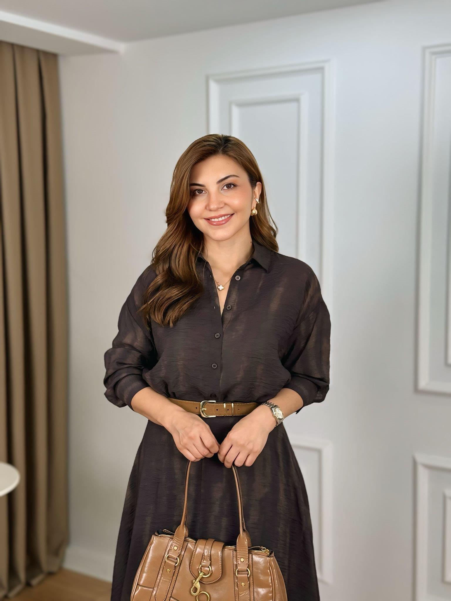Kahve Batik Desenli Organik kumaş Astarlı Gömlek Etek Takım 5018