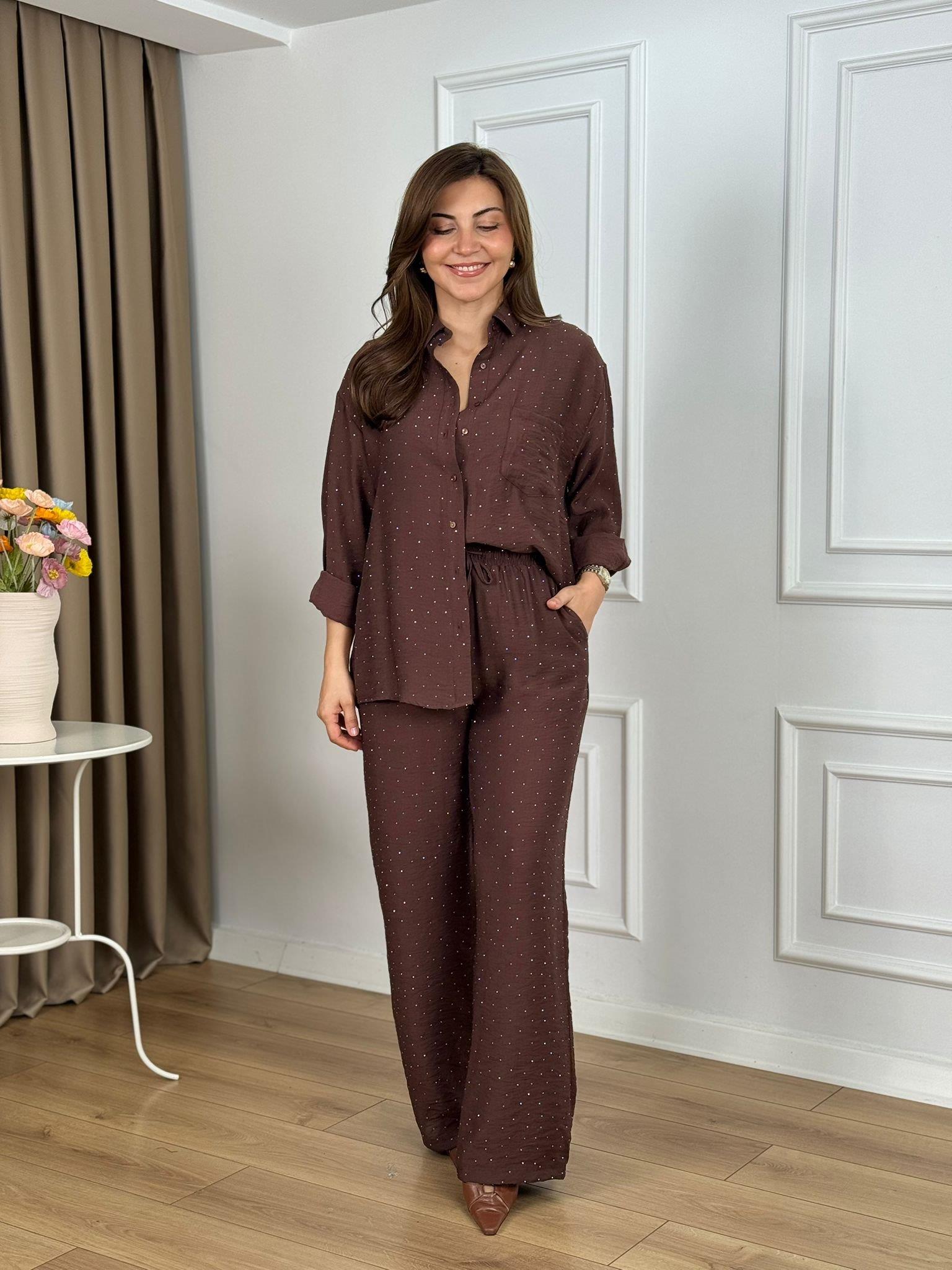 Kahve Beli Lastikli Taşlı Takım 26141