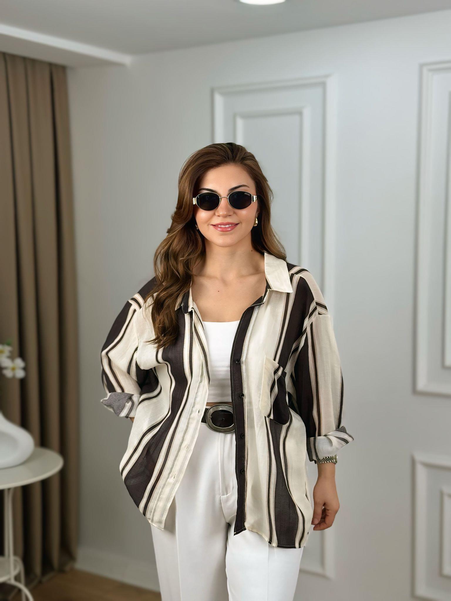 Kahve Çizgili Premium Keten Gömlek 5060
